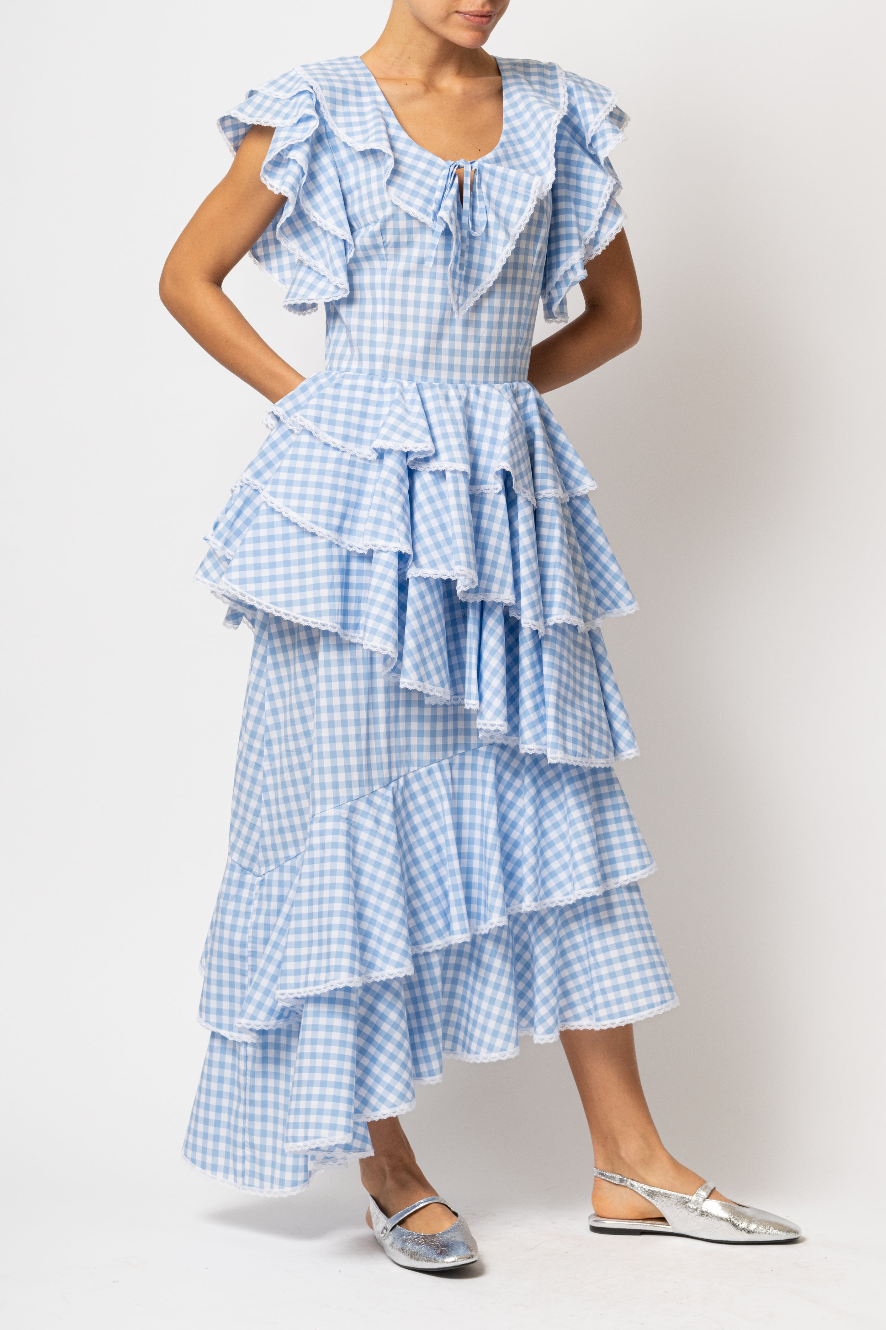 Rochie Asimetrica cu Volane, din Bumbac in Carouri Bleu