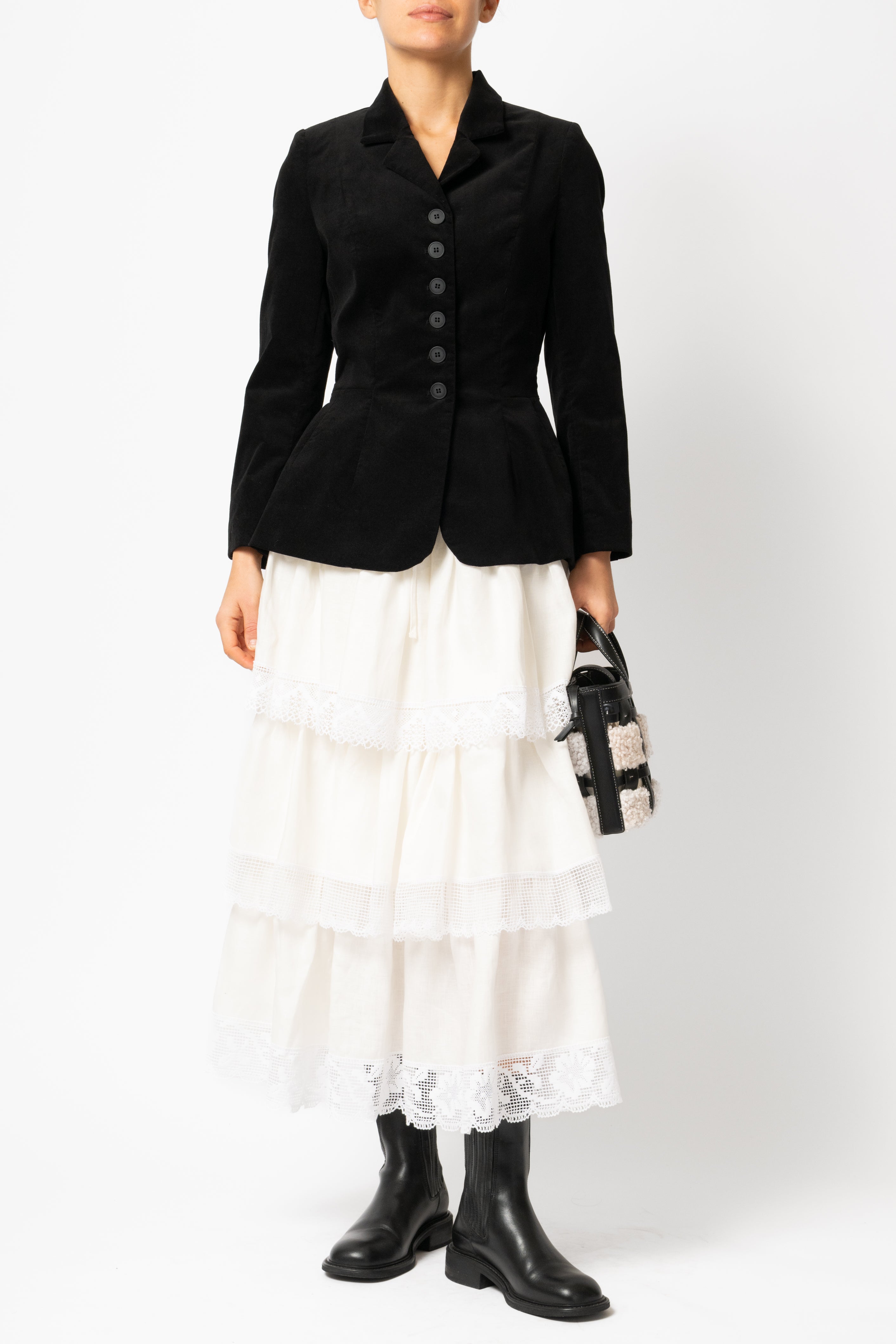 Sacou cu Guler cu Revere din Catifea de Bumbac, Negru