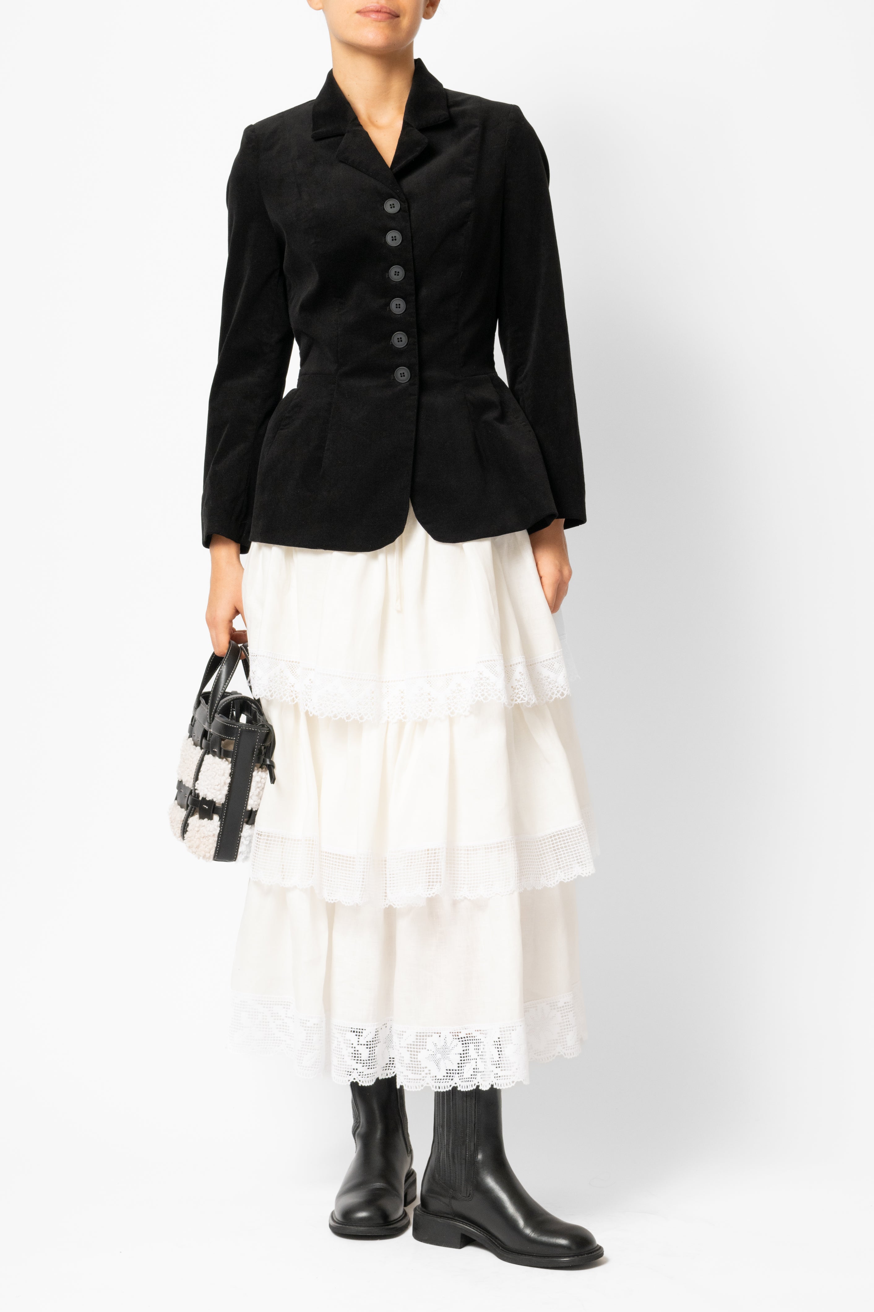 Fusta Midi cu Volane si Dantela din In Alb