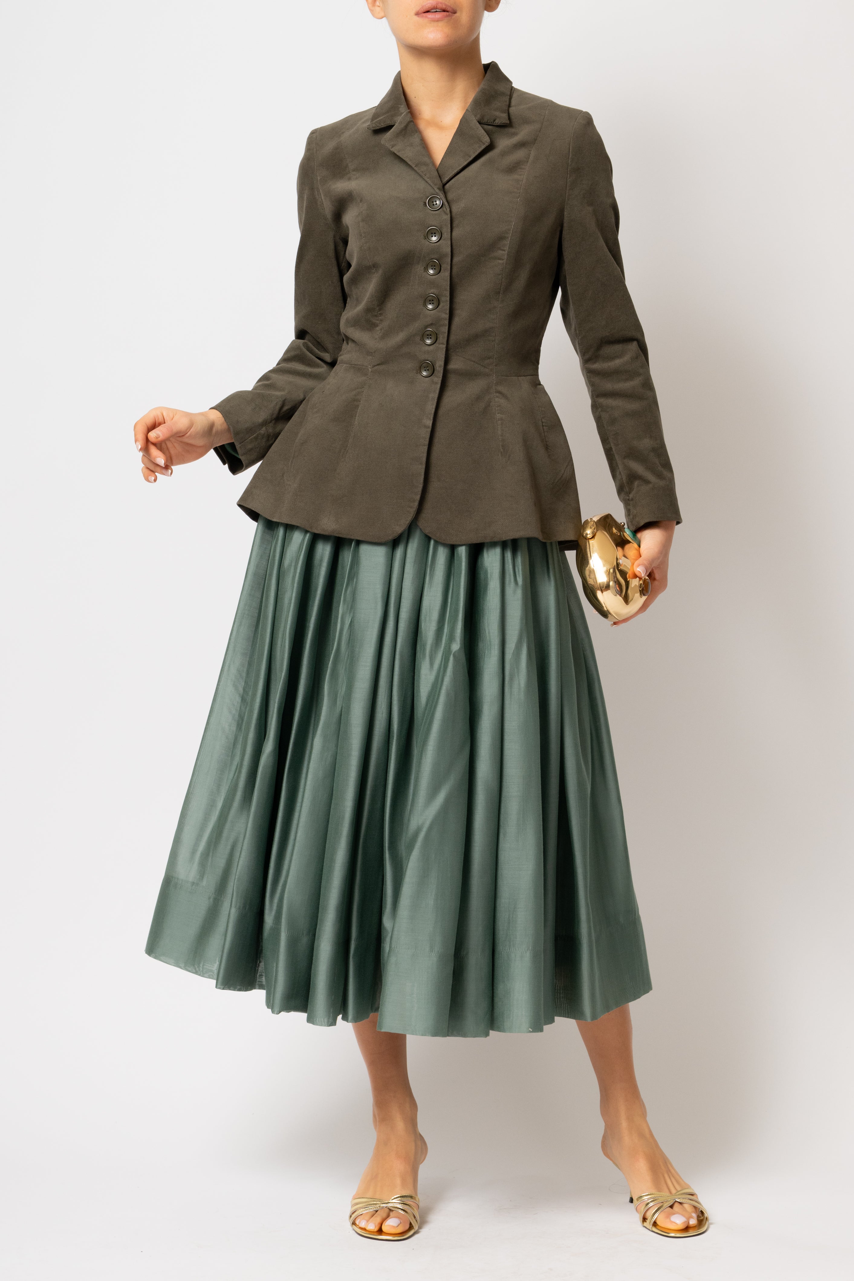 Khaki green cotton velvet jacket with peplum and low shoulders