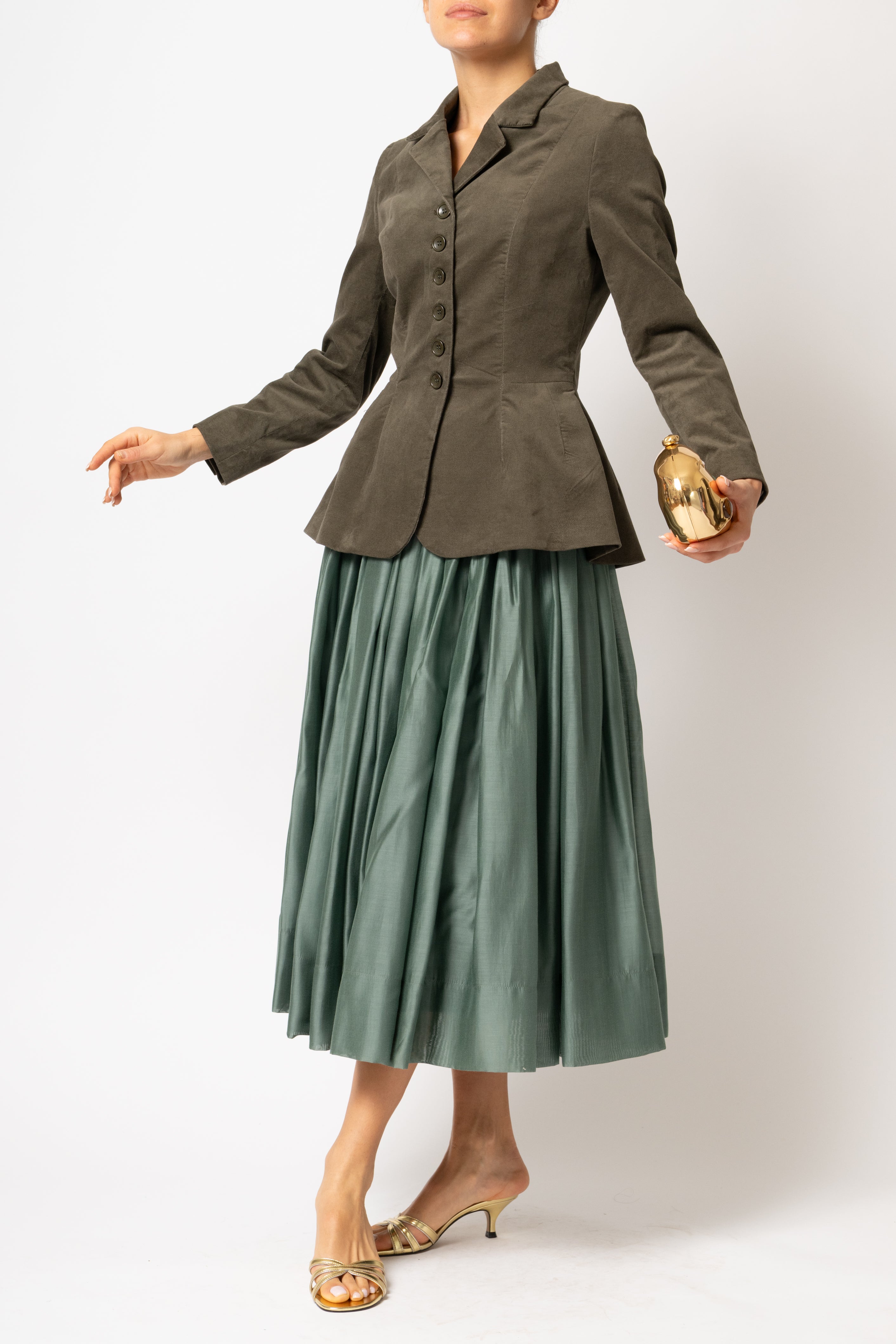 Khaki green cotton velvet jacket with peplum and low shoulders