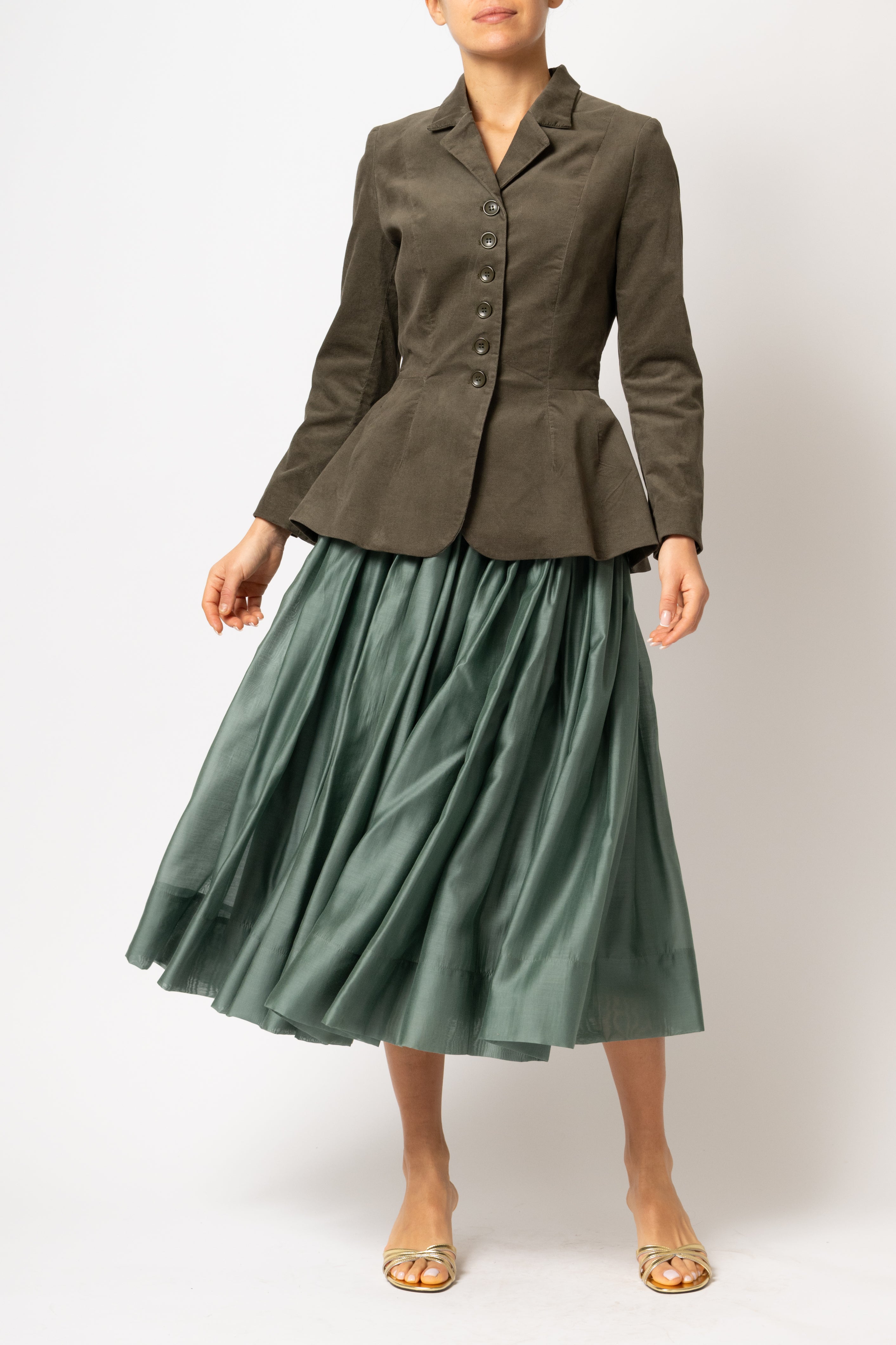 Khaki green cotton velvet jacket with peplum and low shoulders