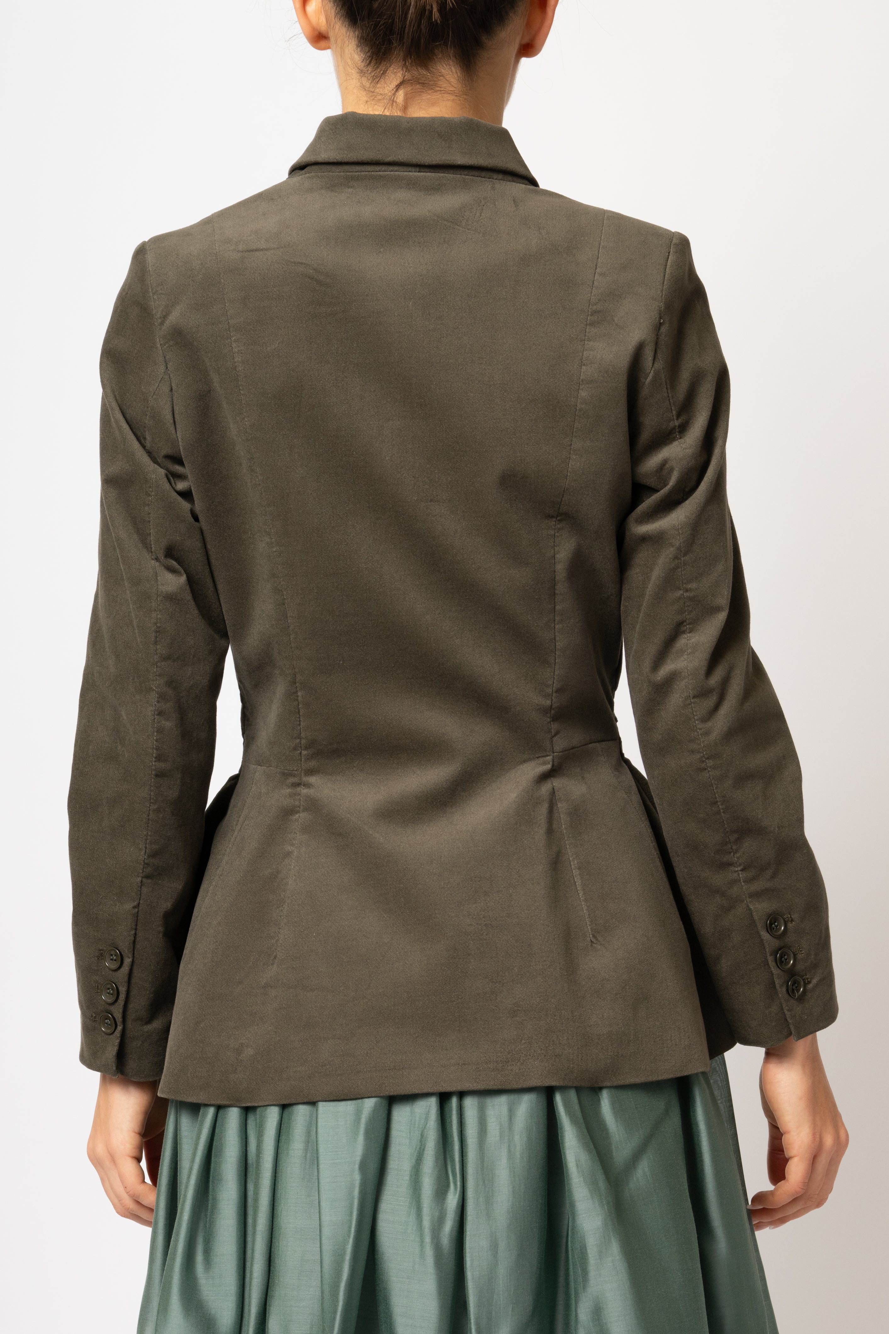 Khaki green cotton velvet jacket with peplum and low shoulders