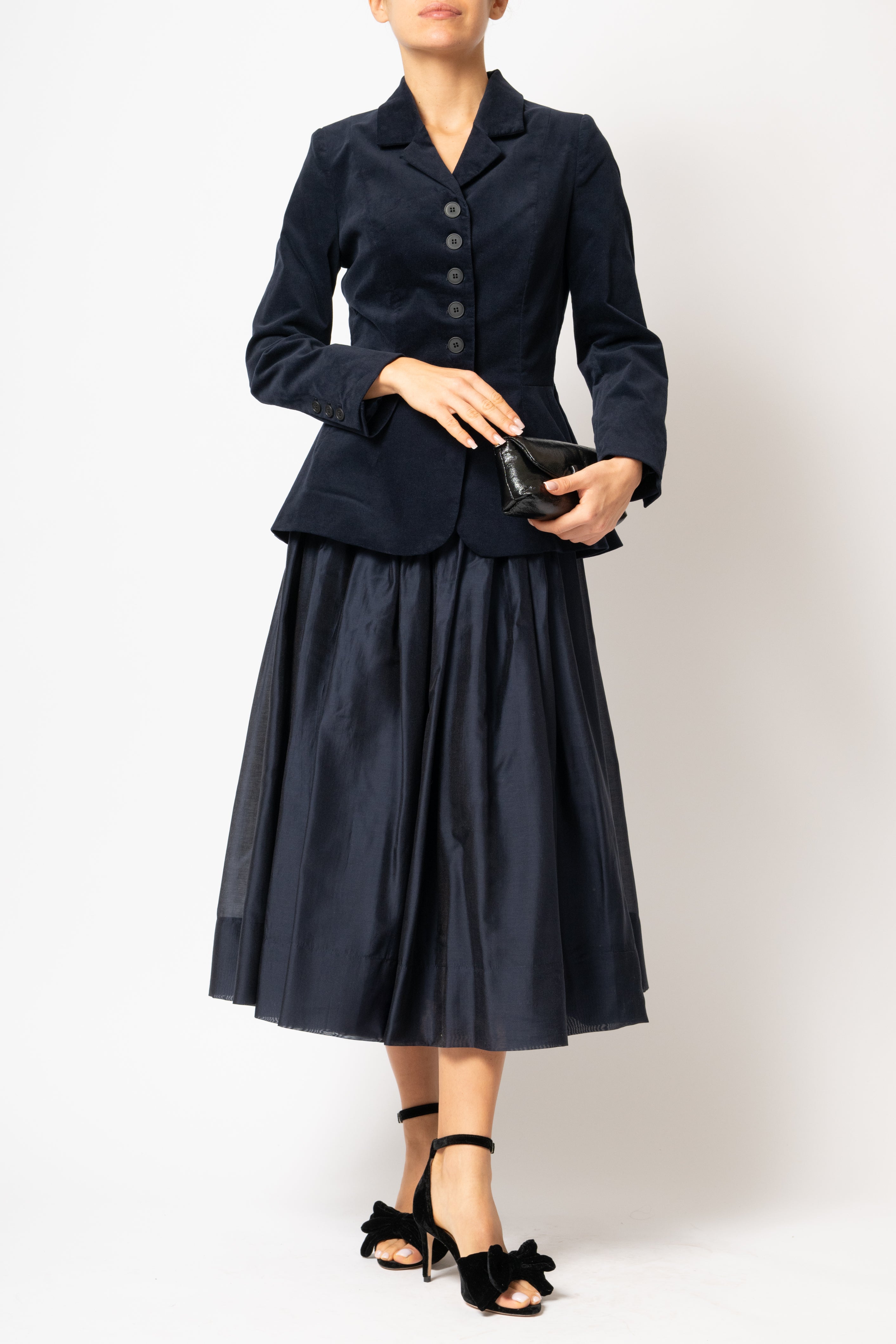 Navy blue cotton velvet jacket with peplum and low shoulders