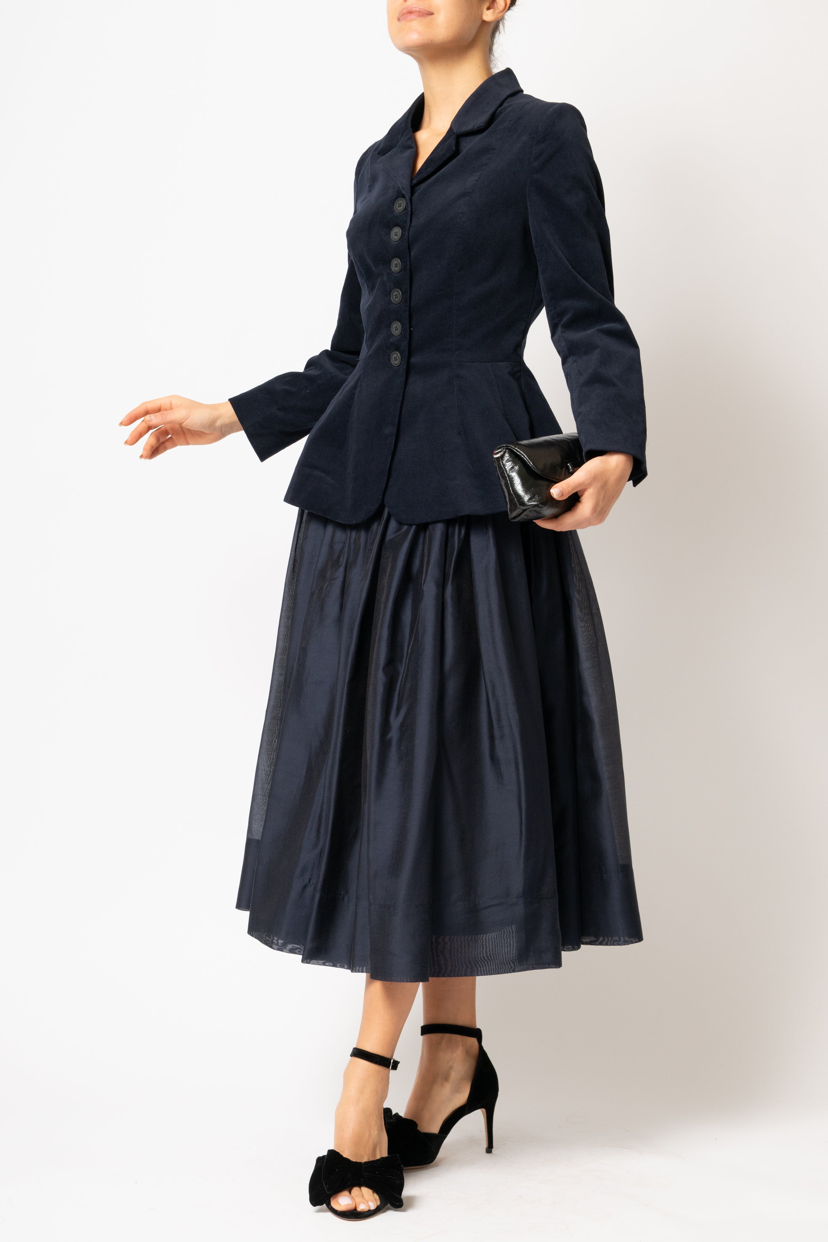 Navy blue cotton velvet jacket with peplum and low shoulders