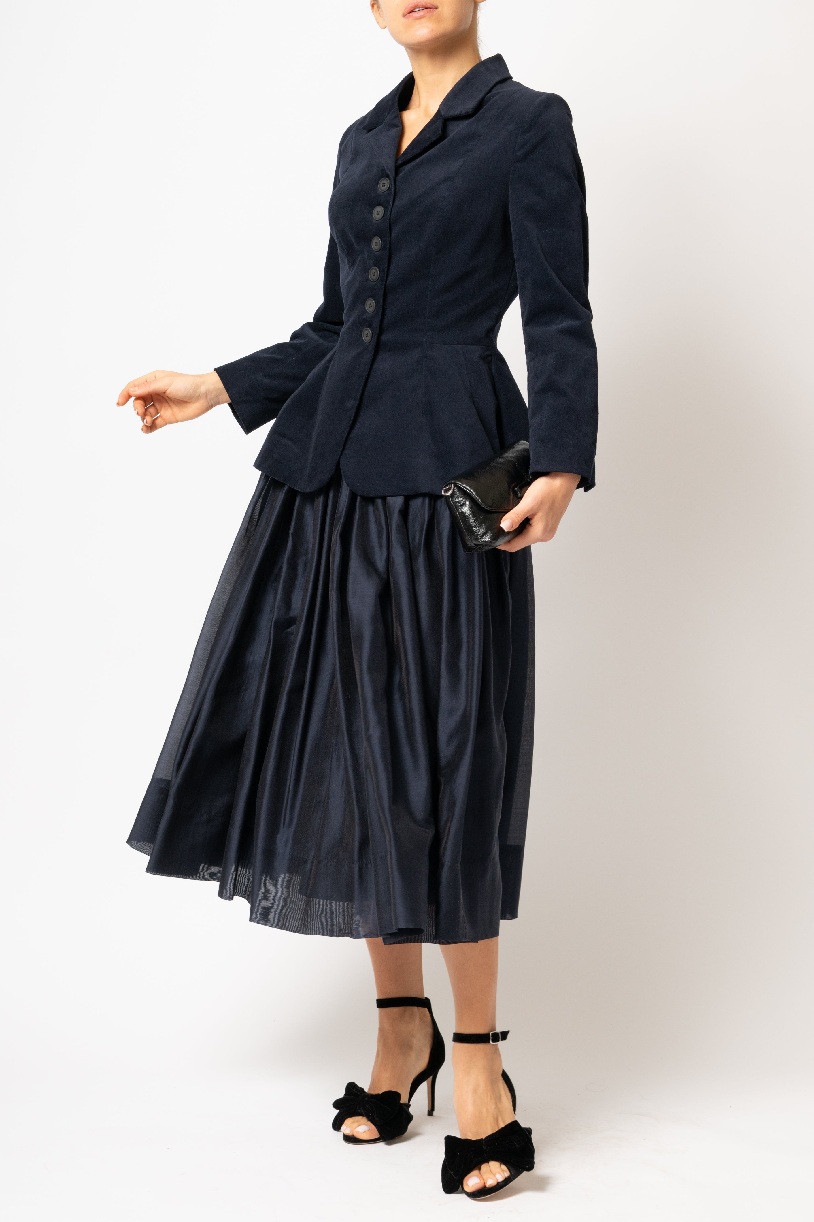 Navy blue cotton velvet jacket with peplum and low shoulders