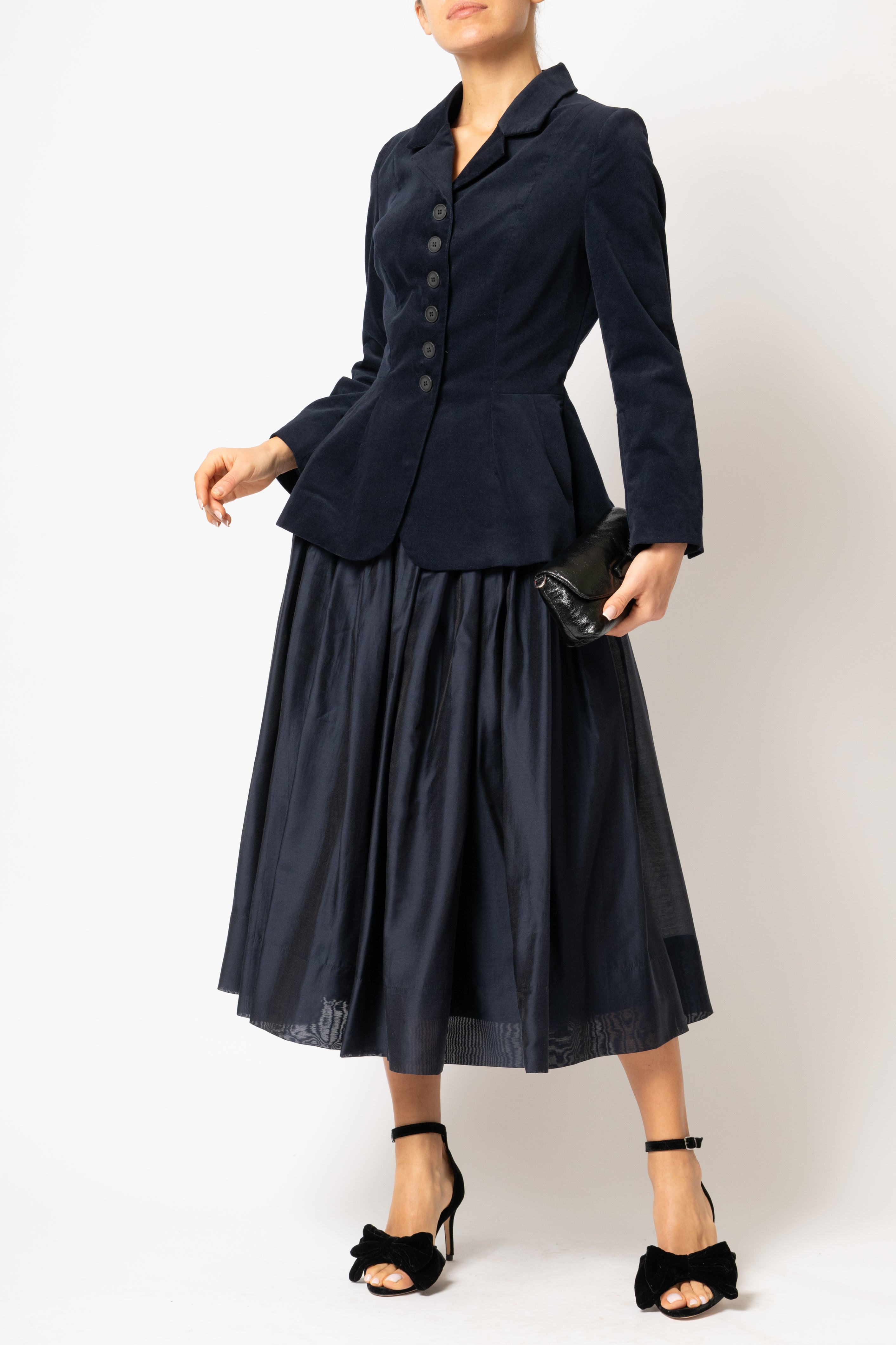 Navy blue cotton velvet jacket with peplum and low shoulders