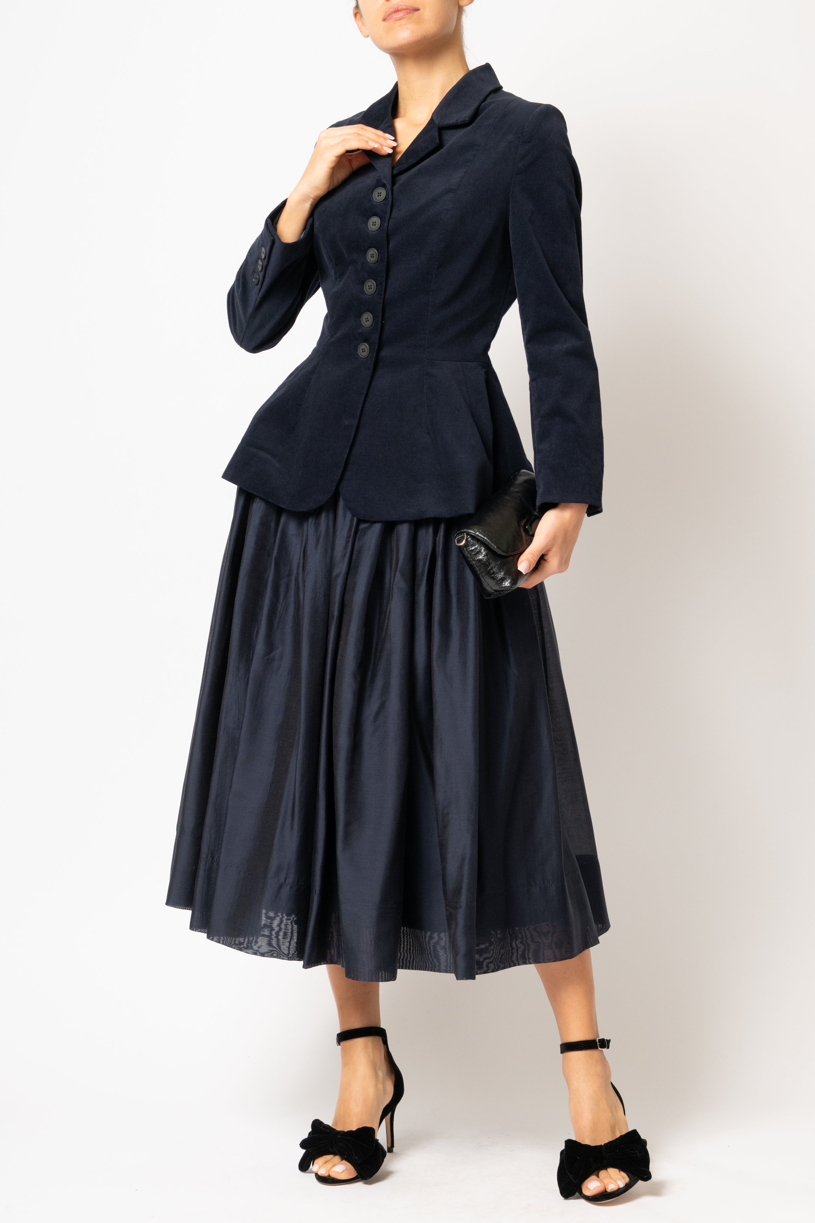 Navy blue cotton velvet jacket with peplum and low shoulders