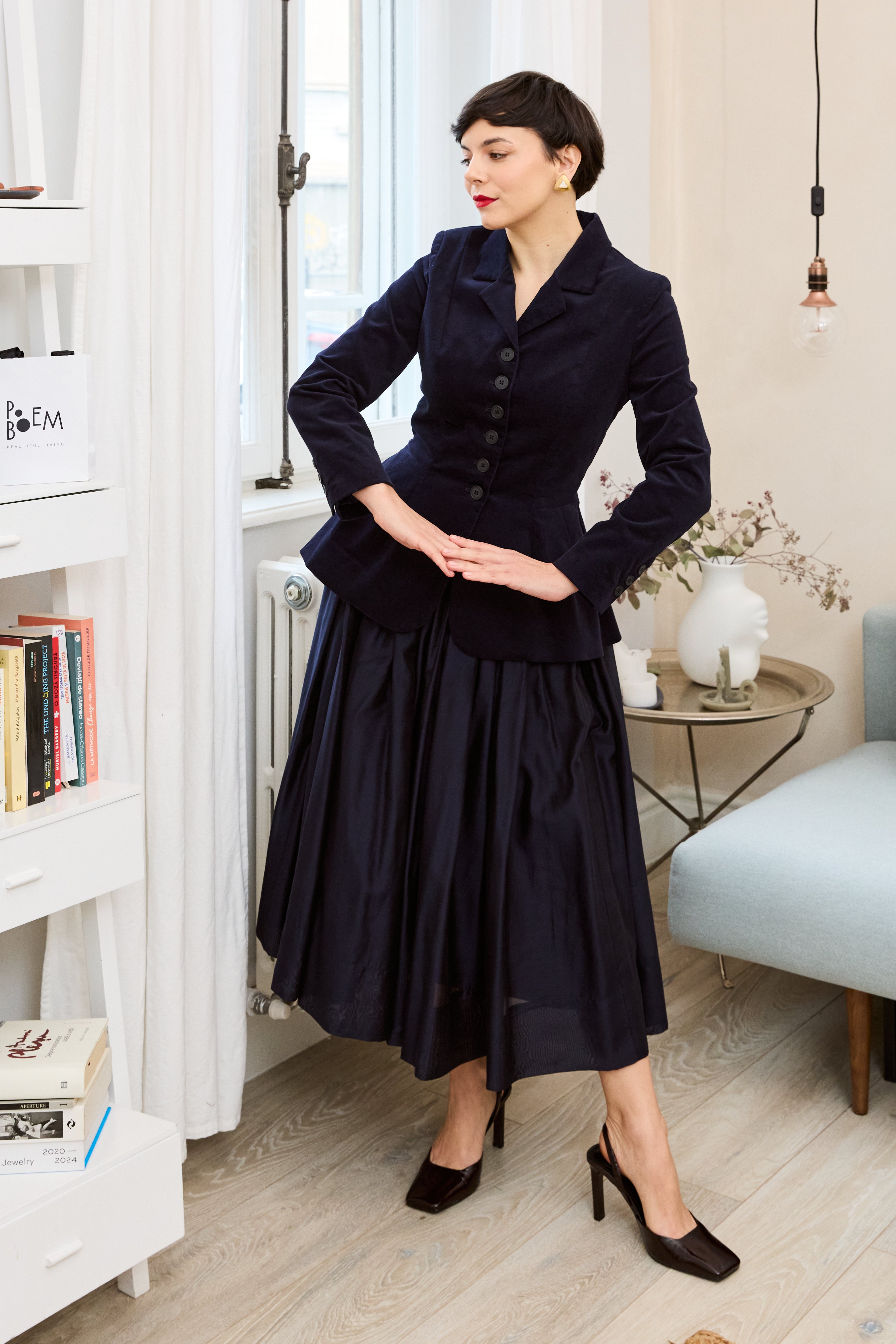 Sacou cu Guler cu Revere din Catifea de Bumbac, Bleumarin