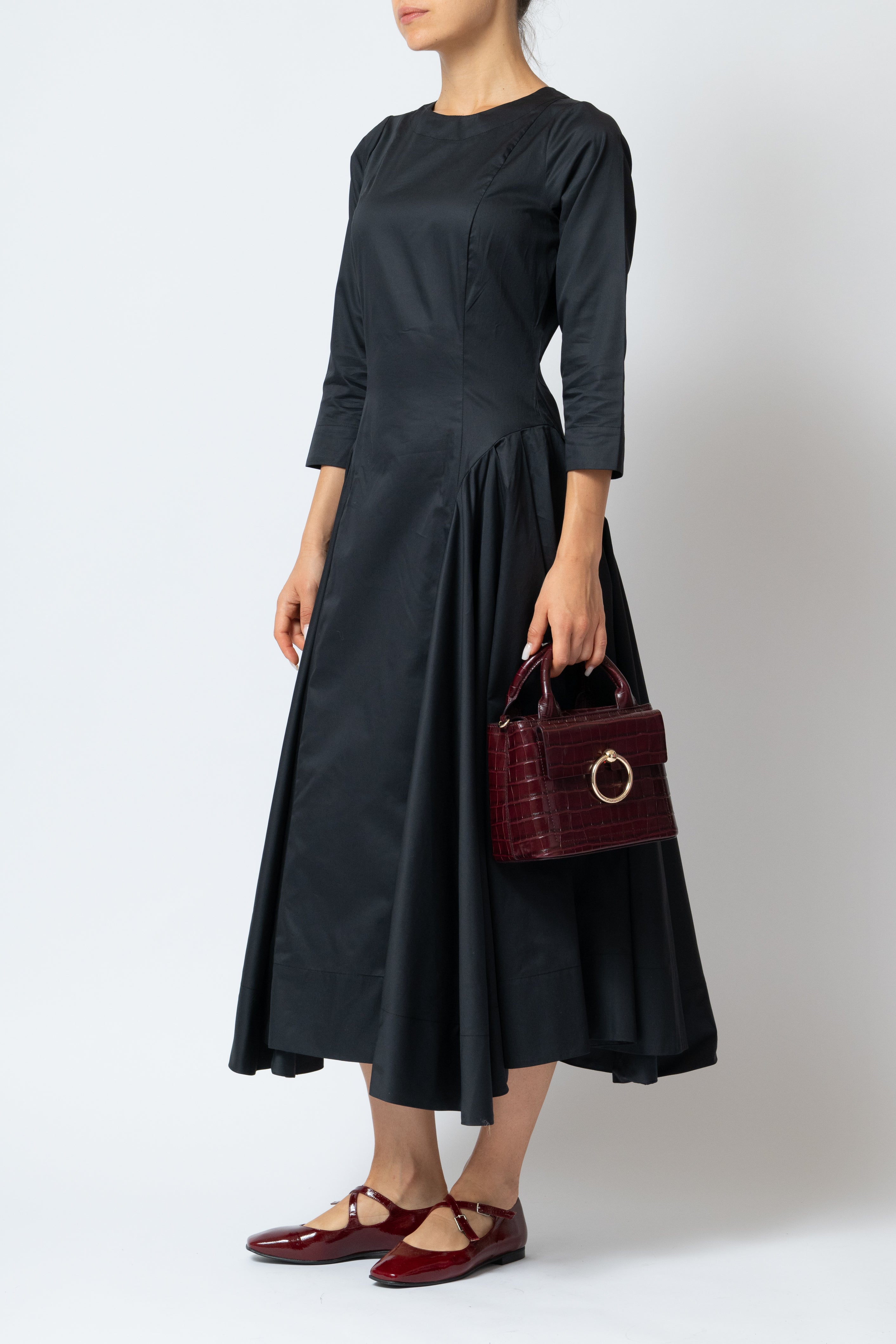 Rochie Midi Clos cu Maneca 3/4 din Poplin, Neagra