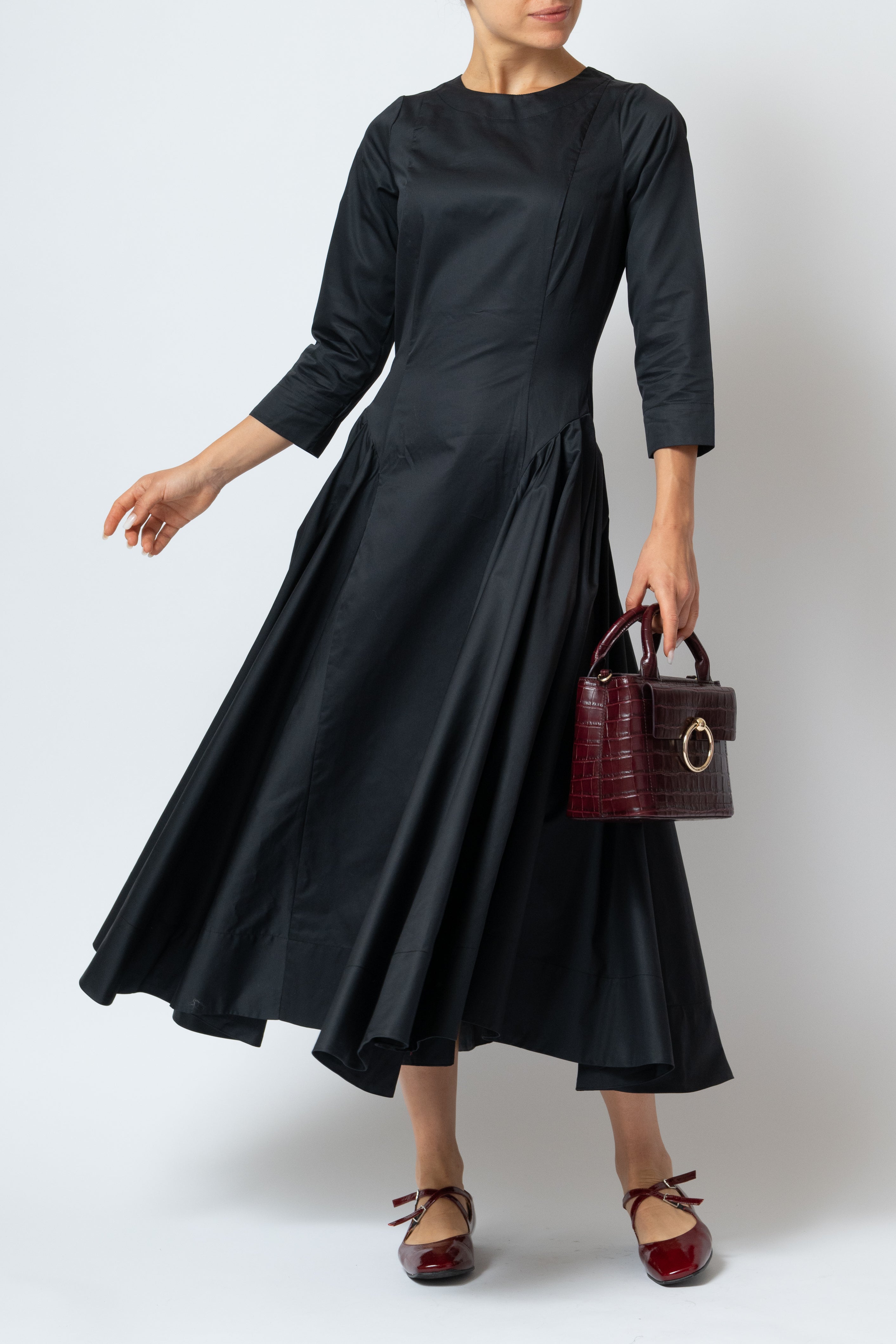 Rochie Midi Clos cu Maneca 3/4 din Poplin, Neagra