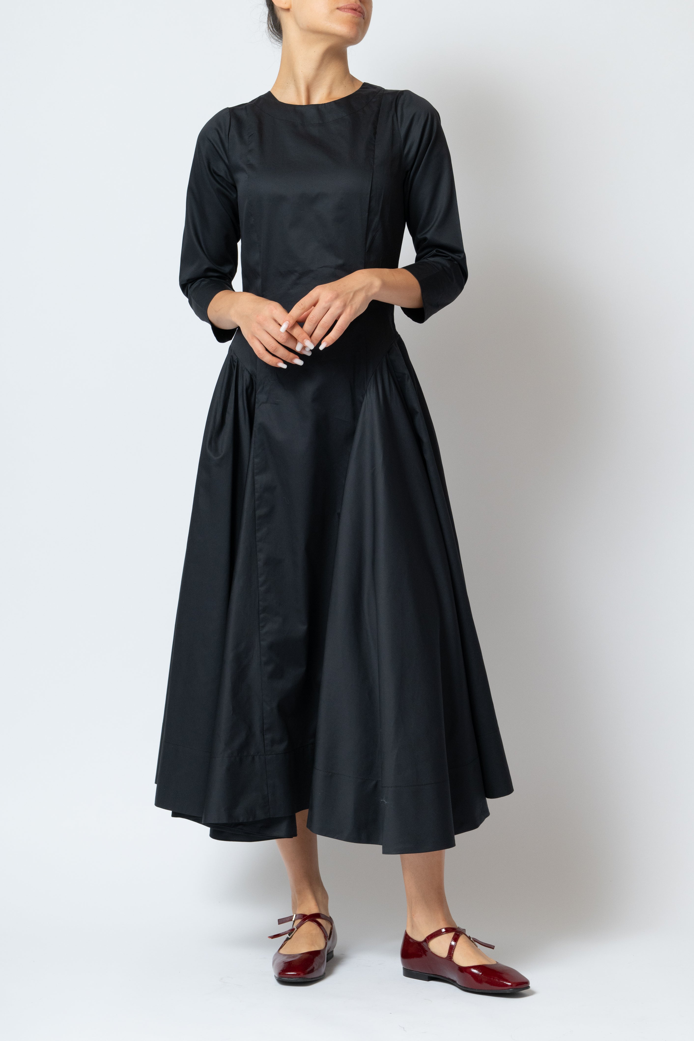 Rochie Midi Clos cu Maneca 3/4 din Poplin, Neagra