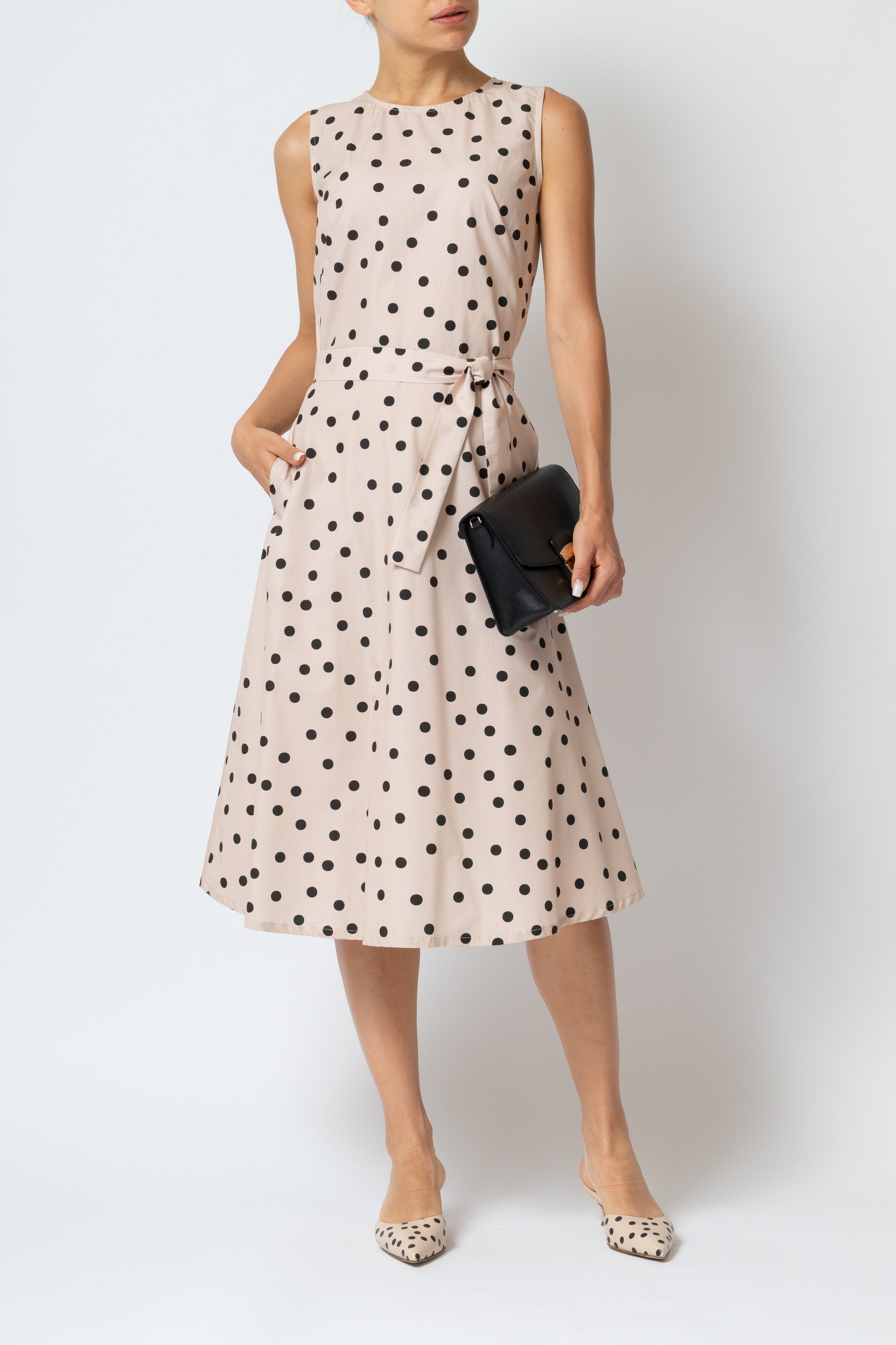 Rochie Midi fara Maneci cu Imprimeu din Poplin, Bej