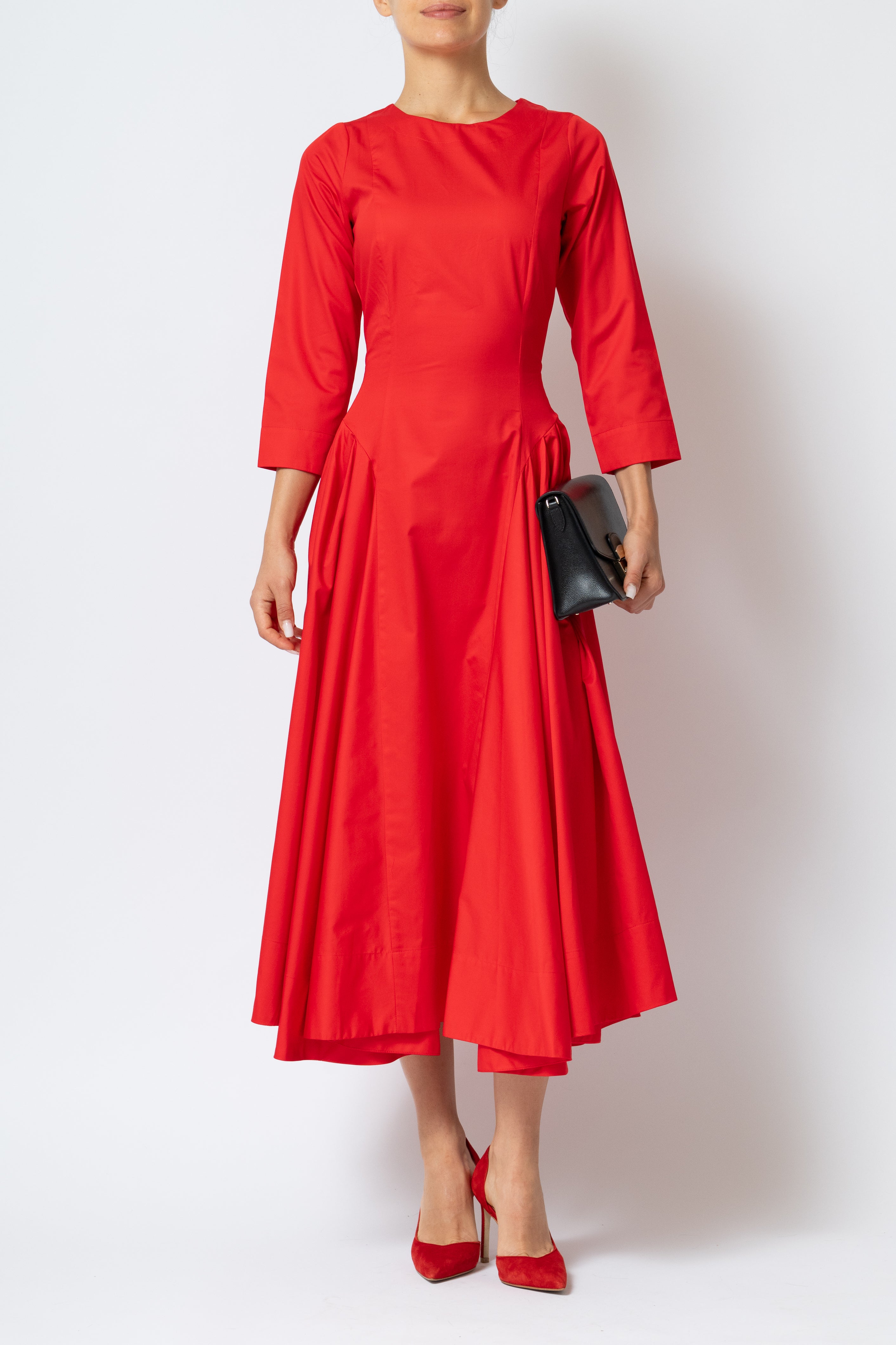 Rochie Midi Clos cu Maneca 3/4 din Poplin, Rosie