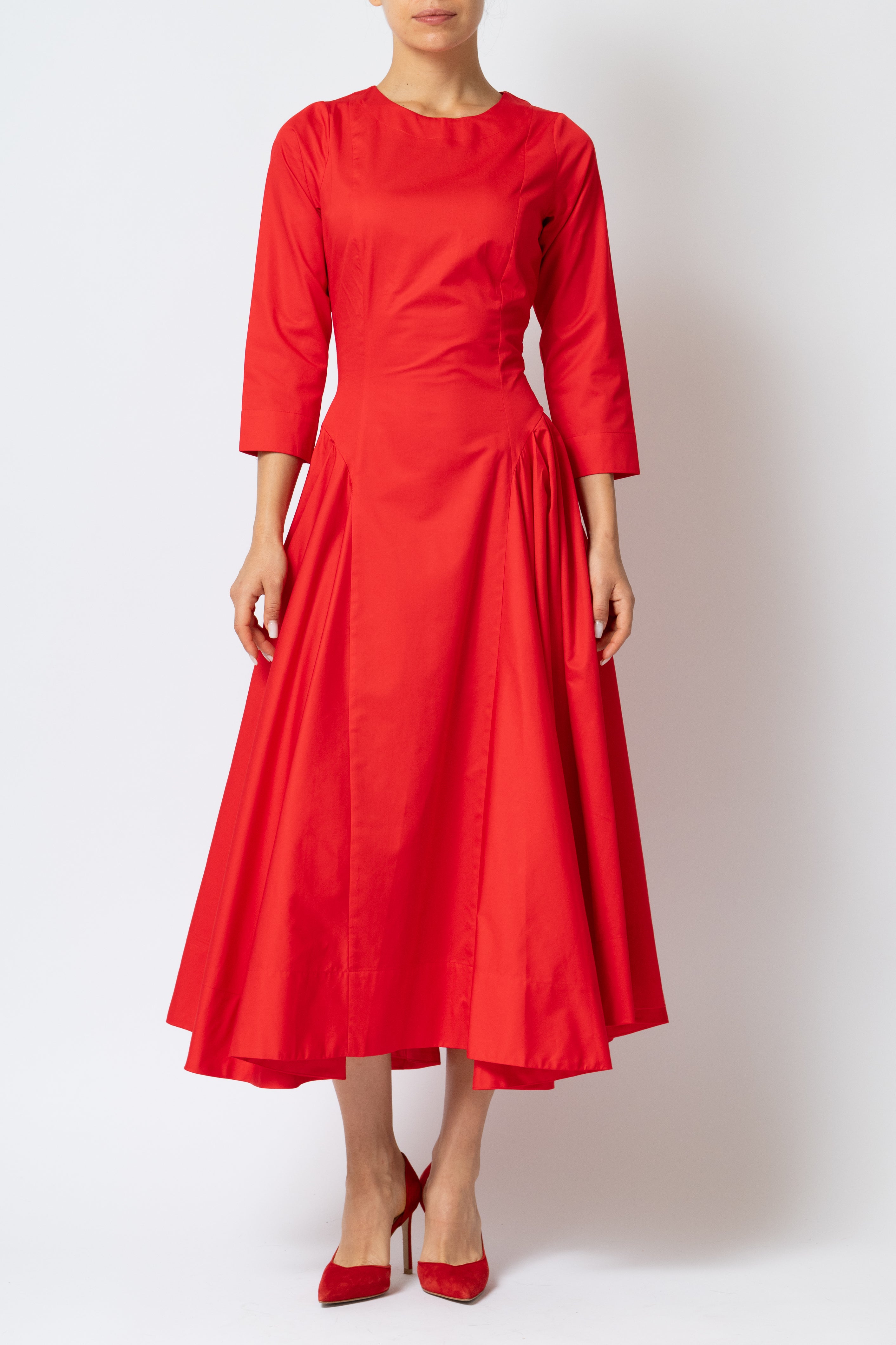 Rochie Midi Clos cu Maneca 3/4 din Poplin, Rosie