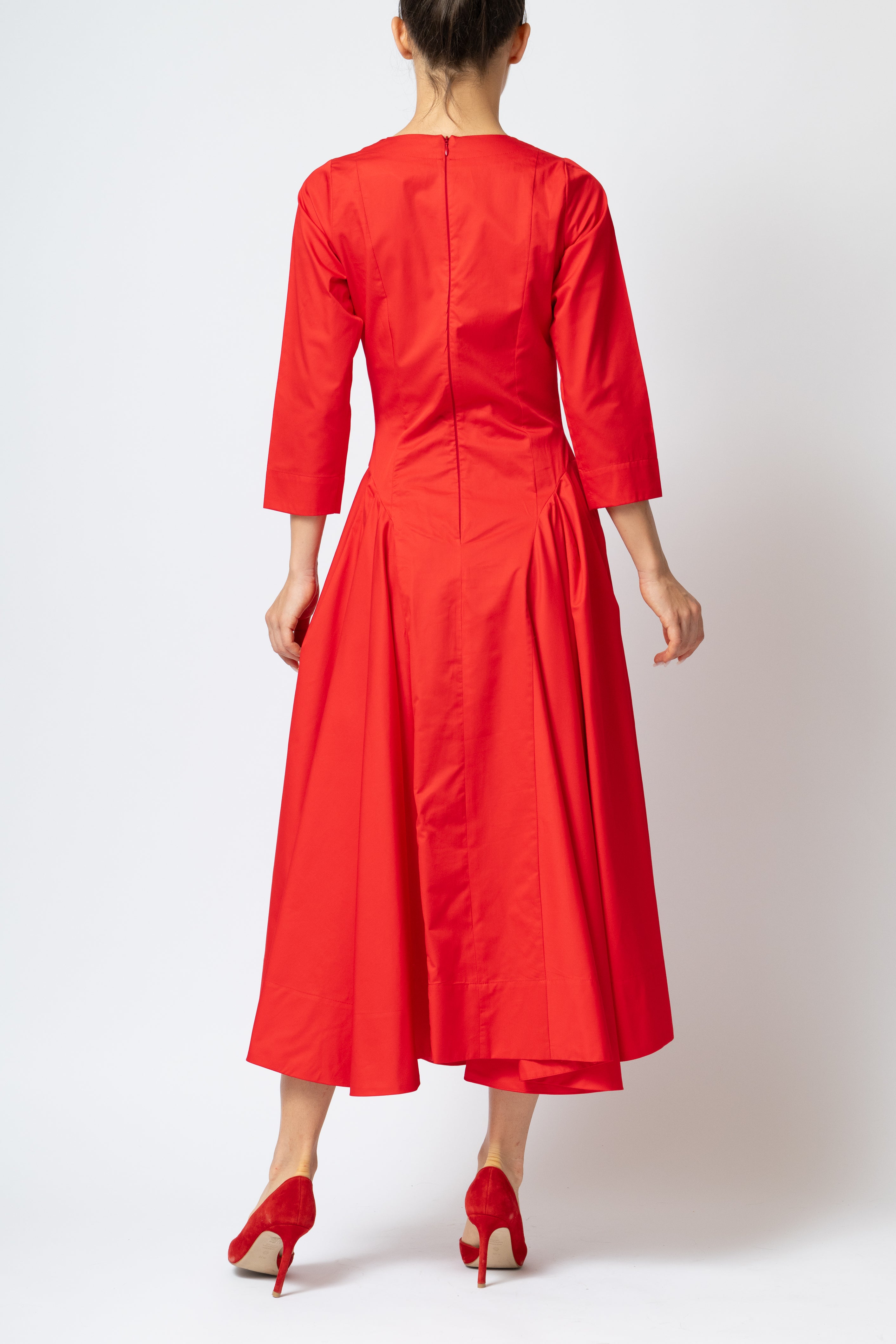 Rochie Midi Clos cu Maneca 3/4 din Poplin, Rosie