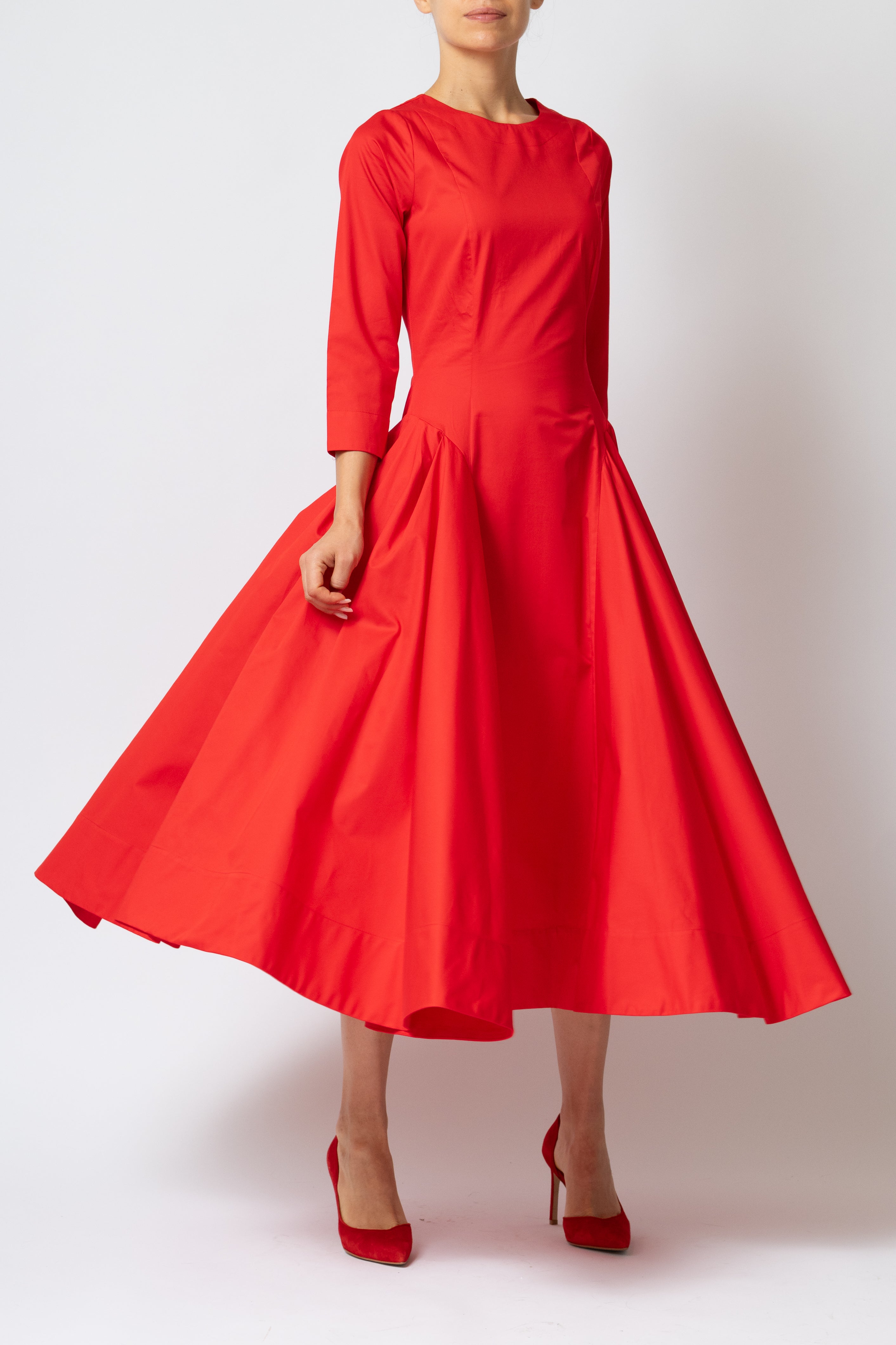 Rochie Midi Clos cu Maneca 3/4 din Poplin, Rosie