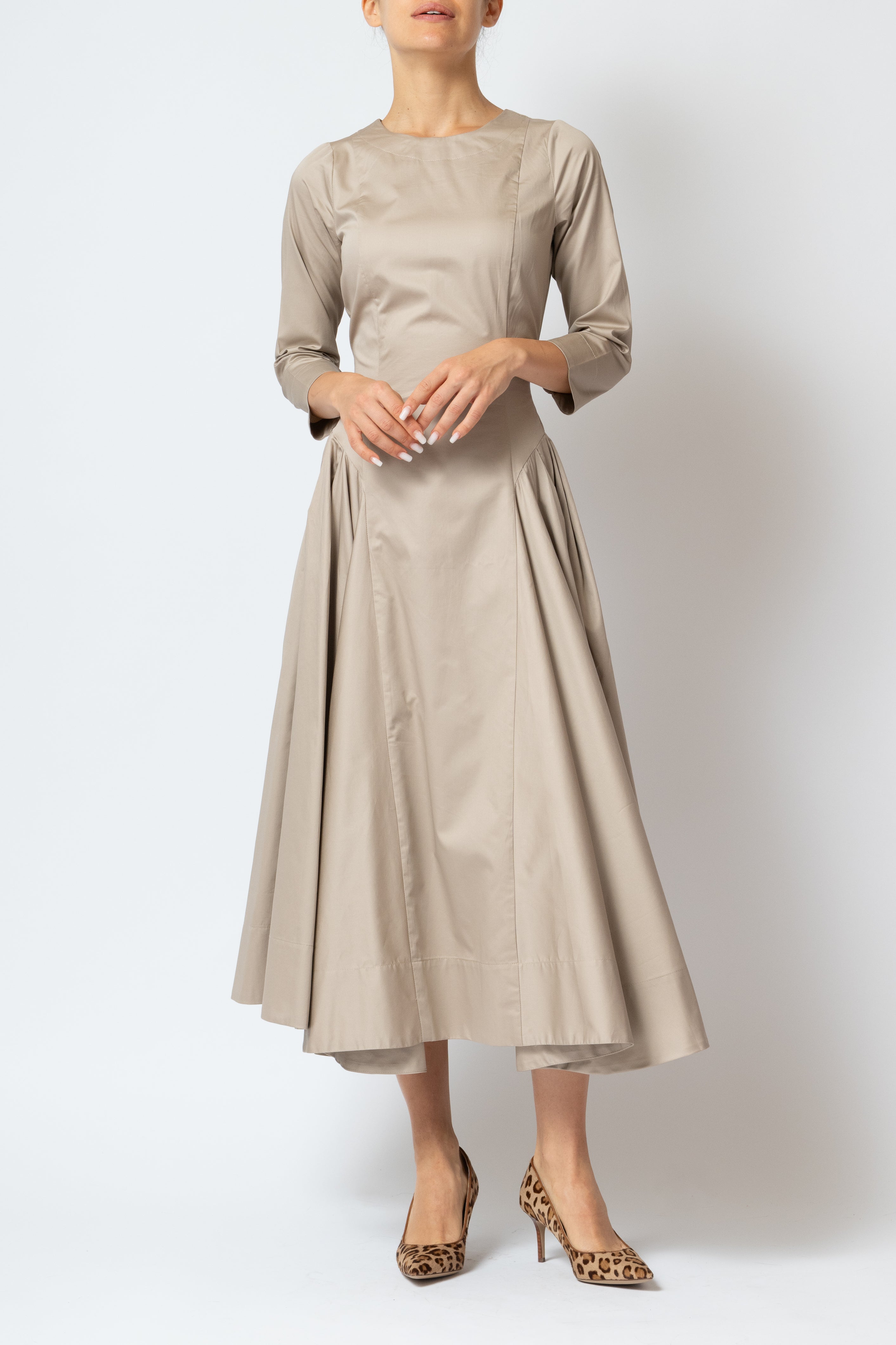 Rochie Midi Clos cu Maneca 3/4 din Poplin, Bej