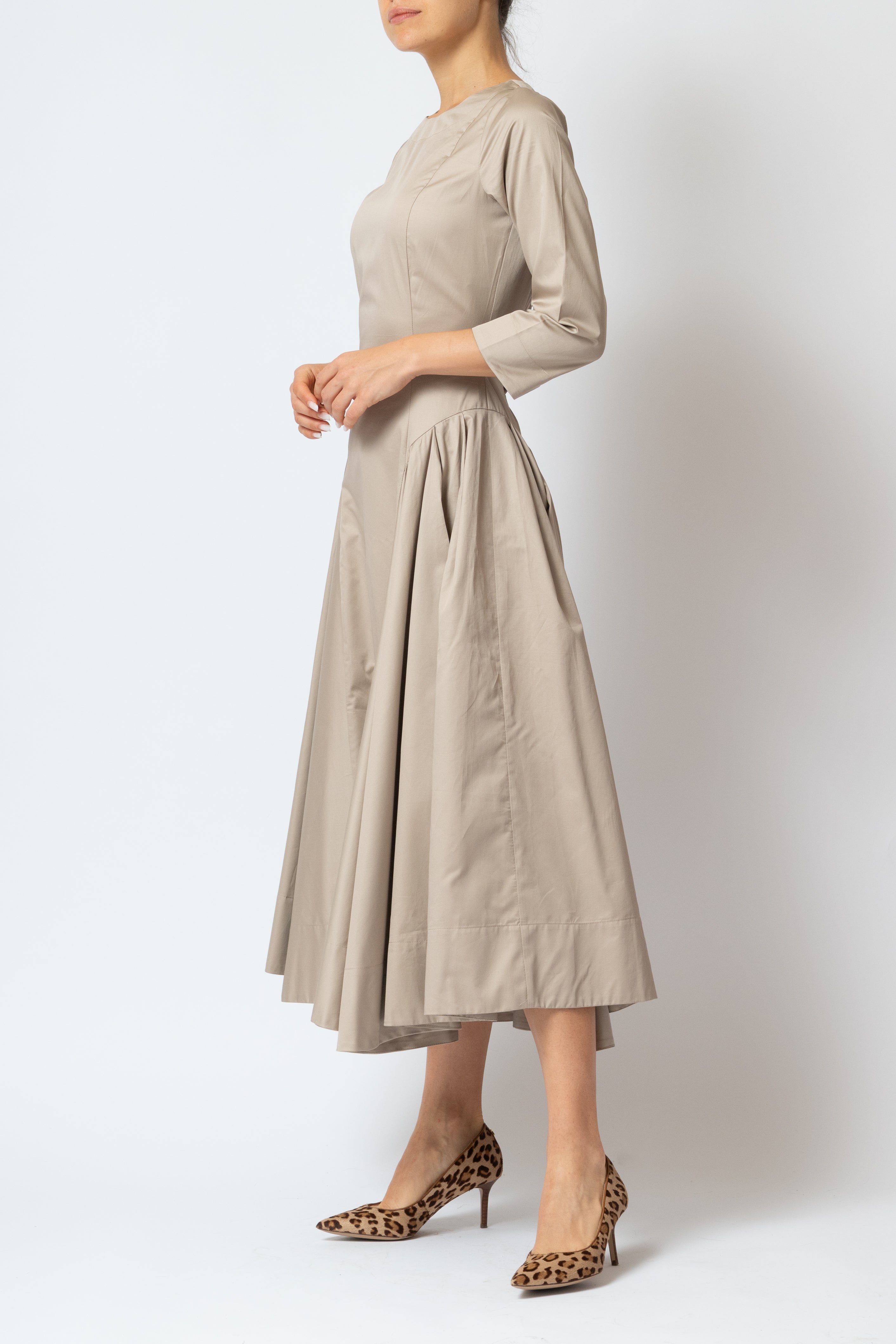 Rochie Midi Clos cu Maneca 3/4 din Poplin, Bej