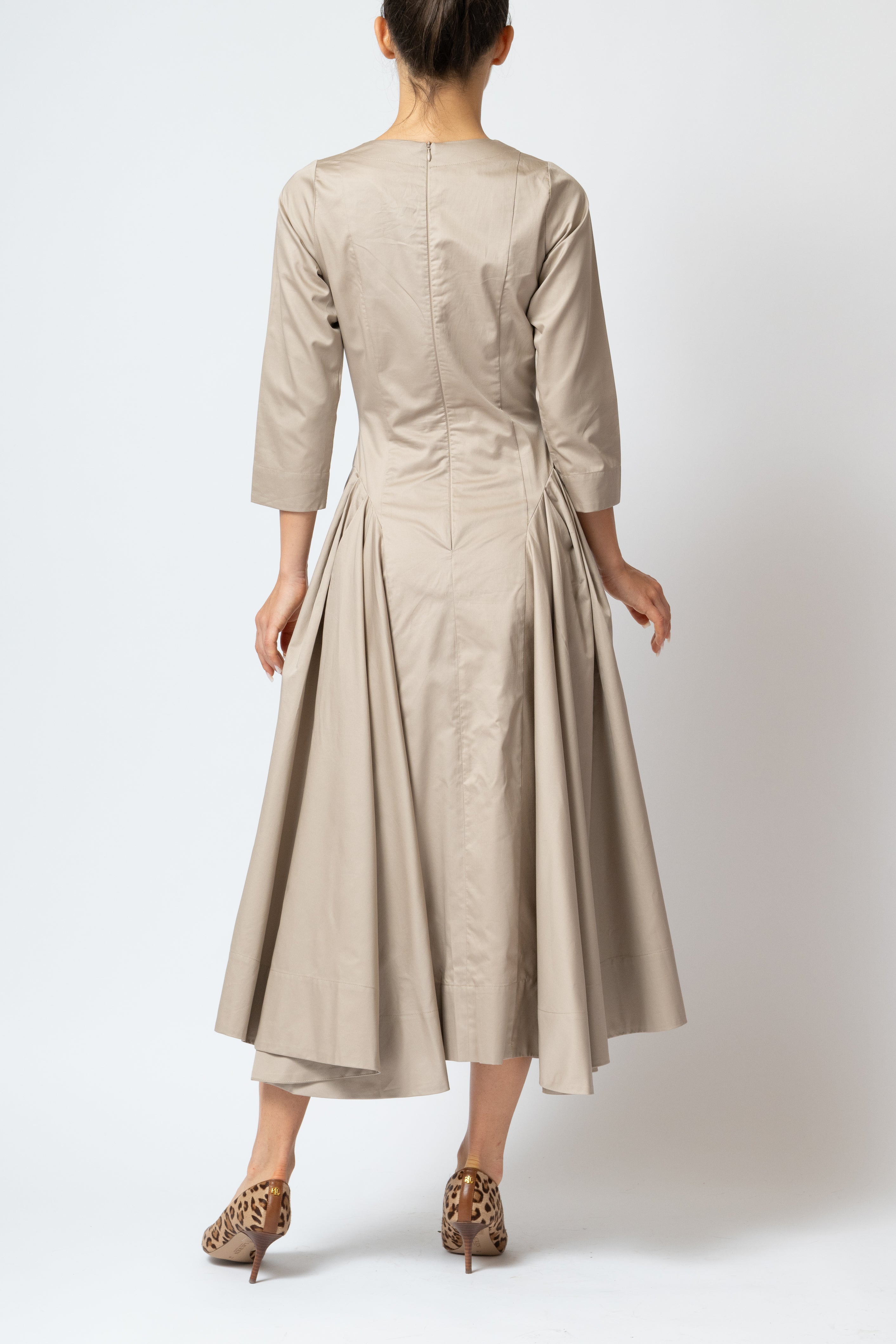 Rochie Midi Clos cu Maneca 3/4 din Poplin, Bej