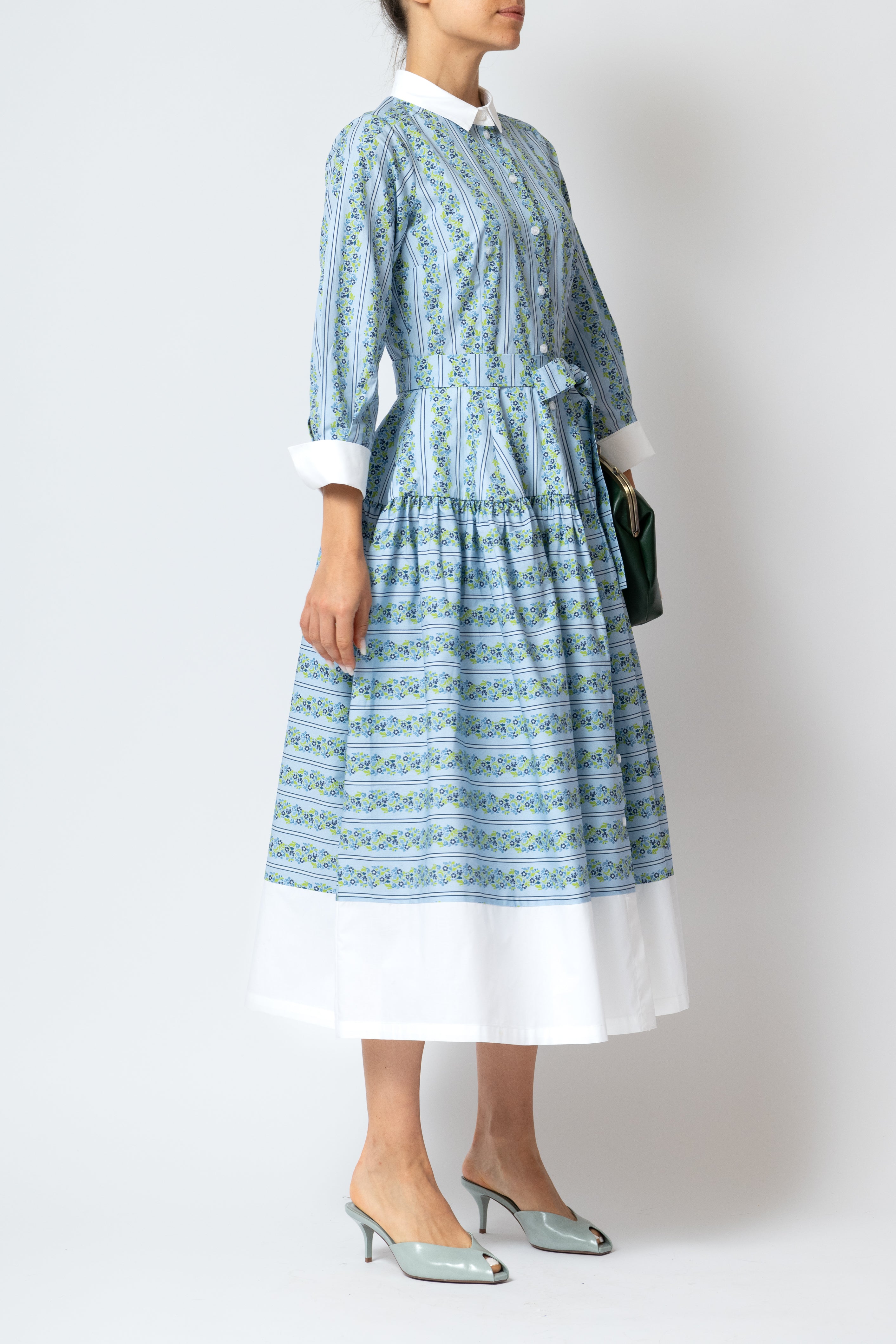 Rochie Camasa Midi cu Imprimeu Floral din Poplin, Bleu