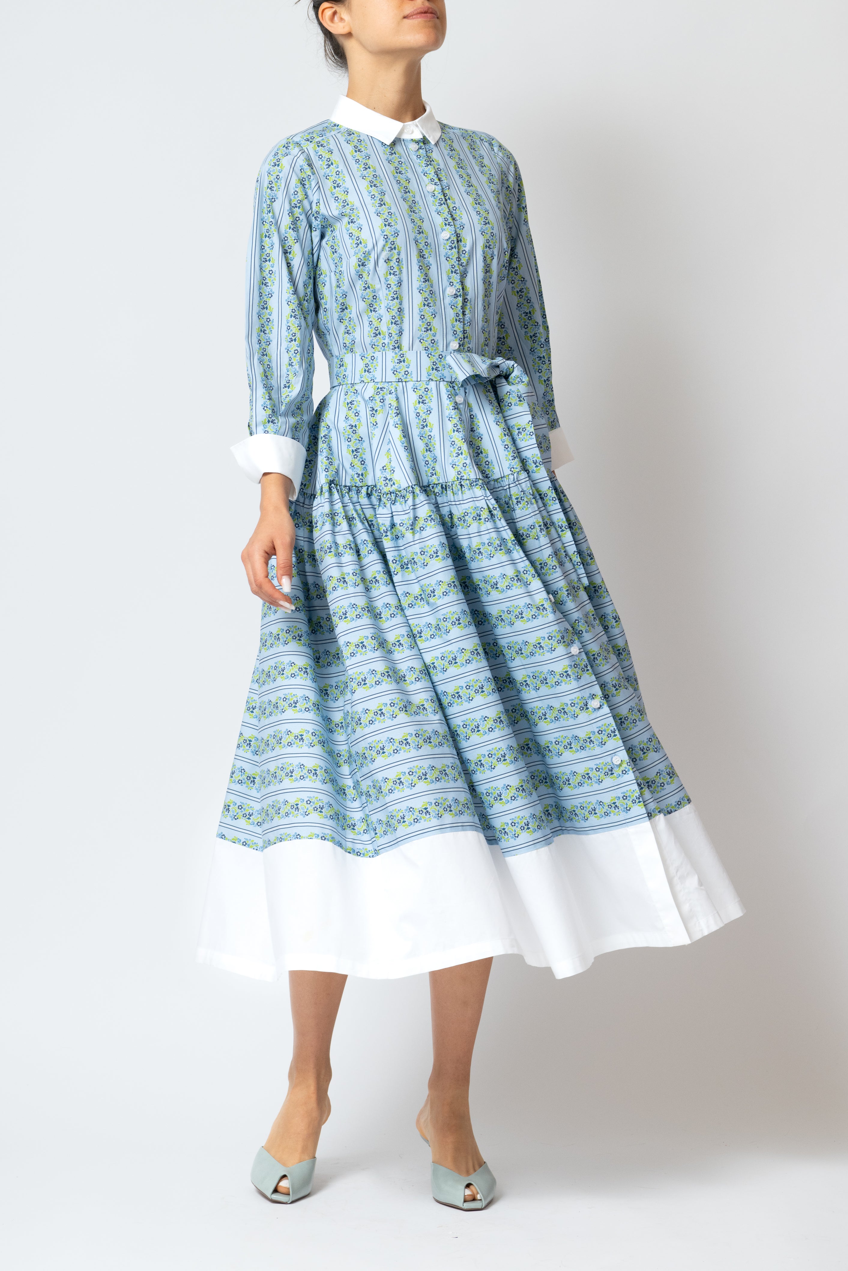 Rochie Camasa Midi cu Imprimeu Floral din Poplin, Bleu