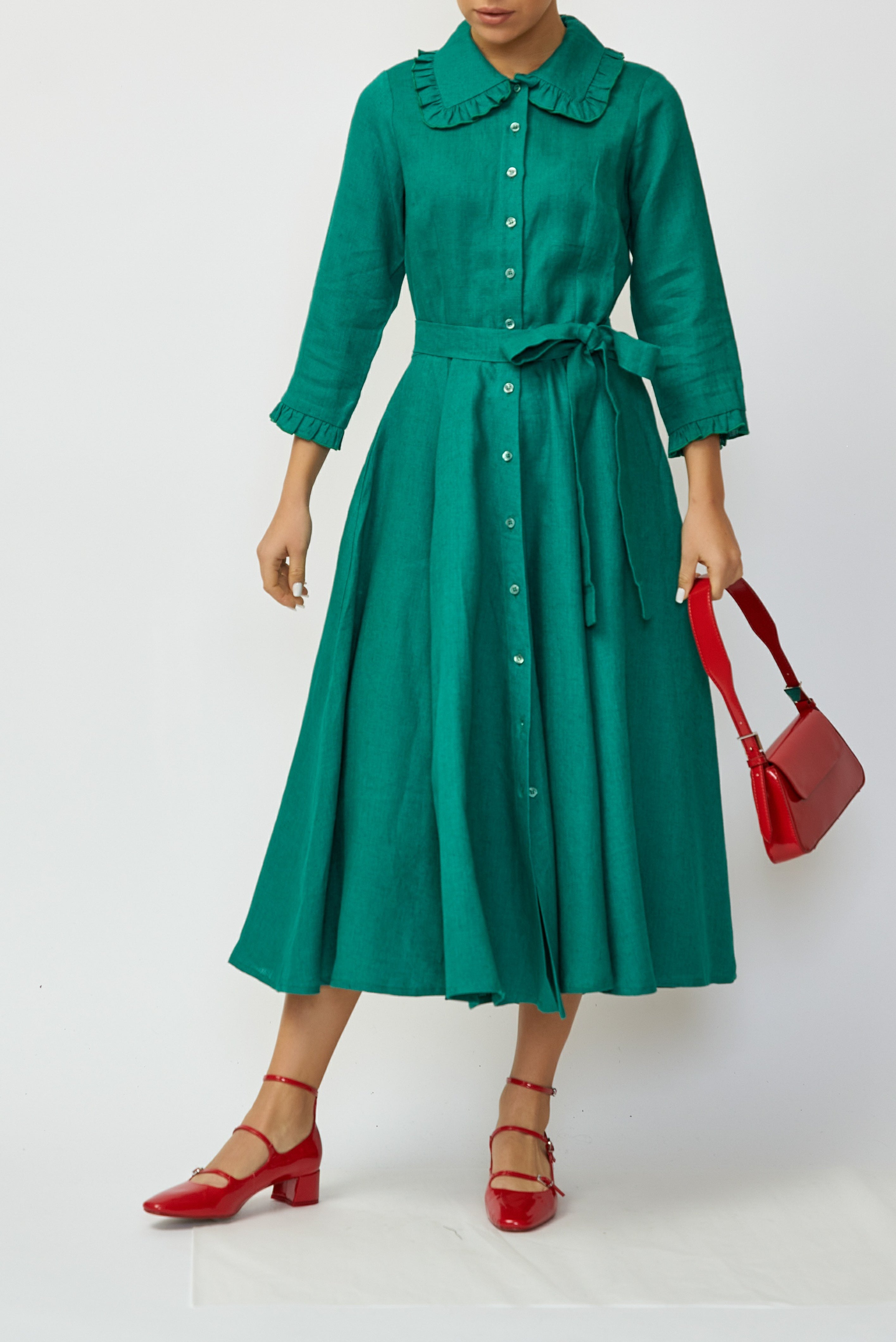 Rochie Camasa Midi din In, Verde