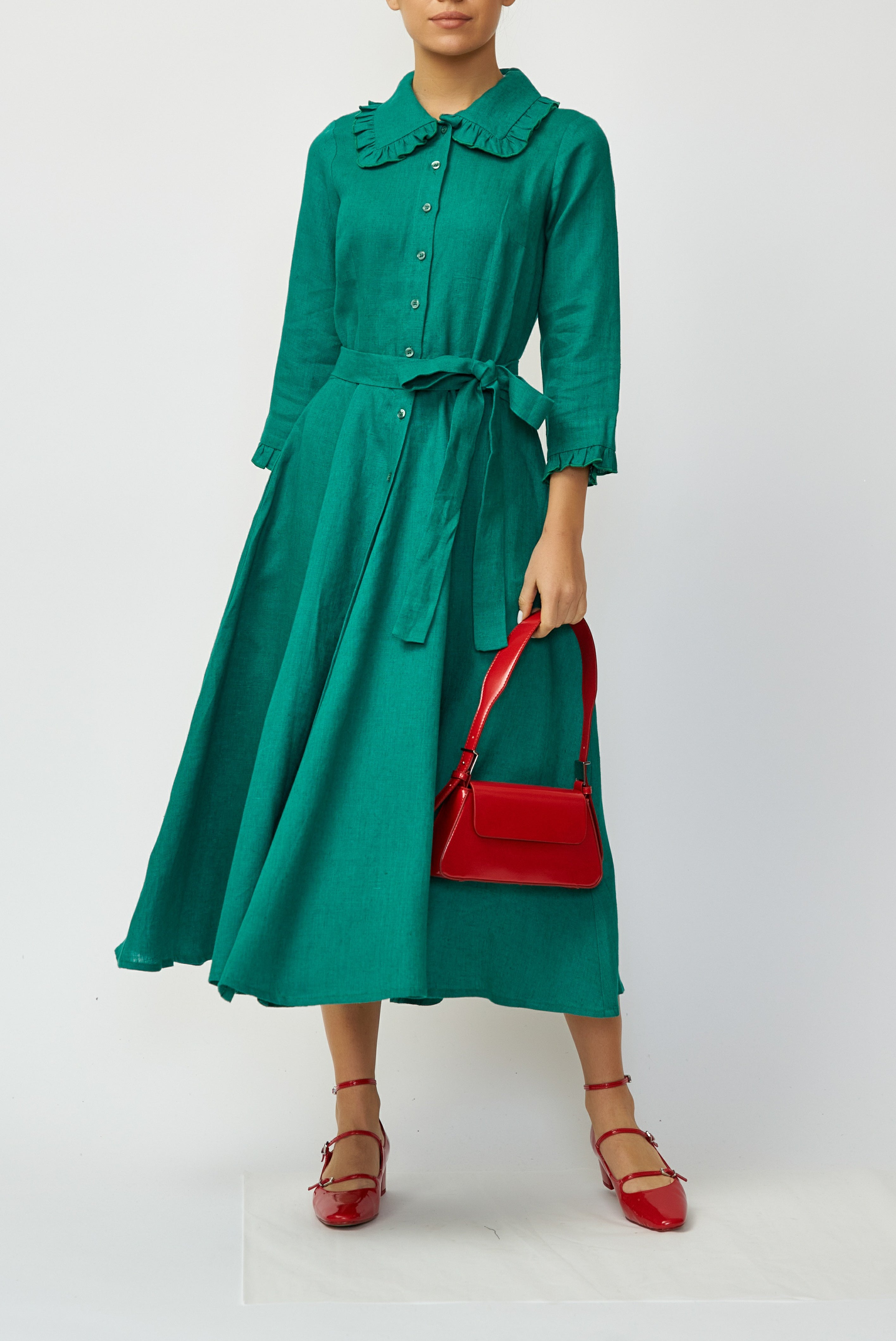 Linen Midi Shirt Dress, Green