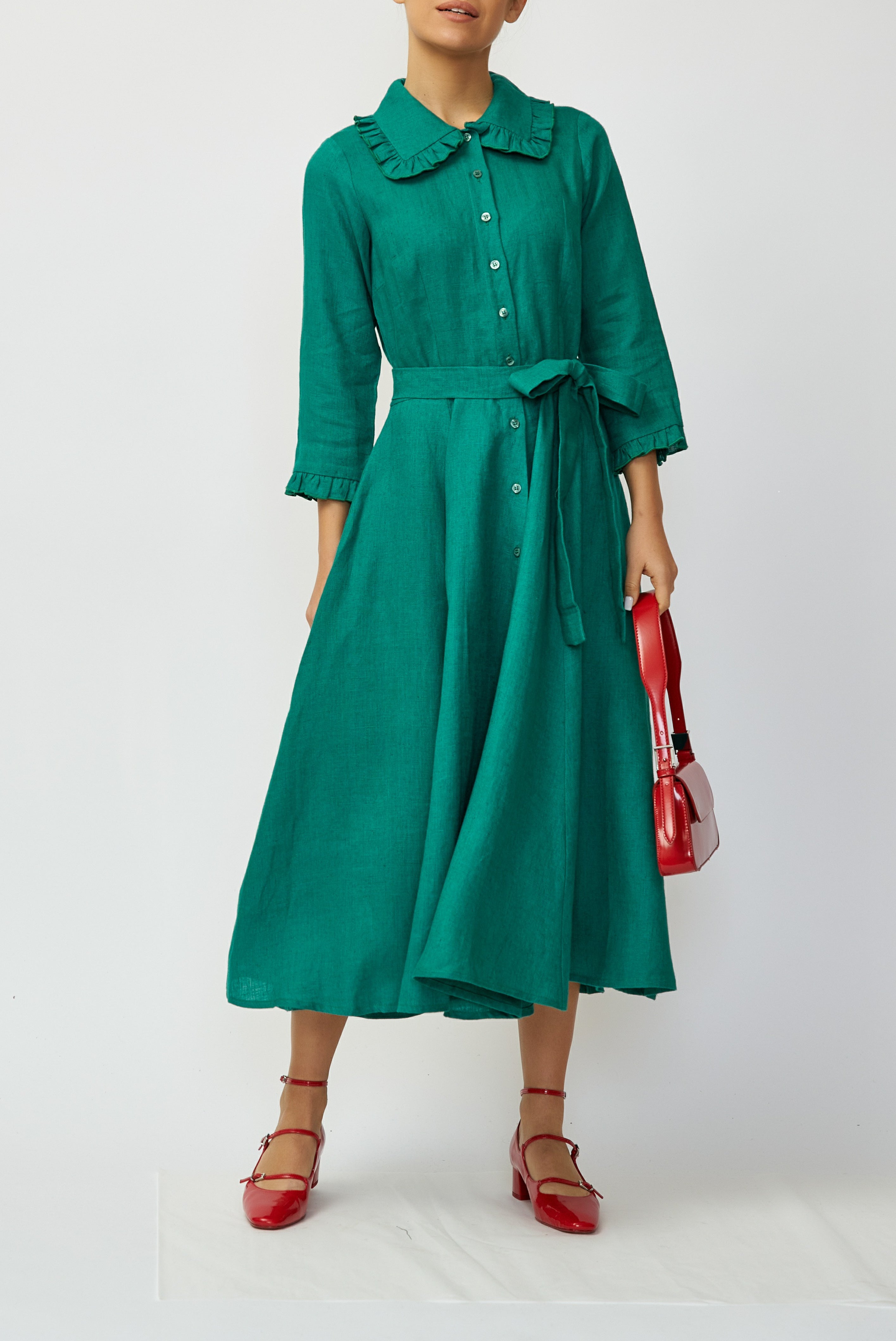 Linen Midi Shirt Dress, Green