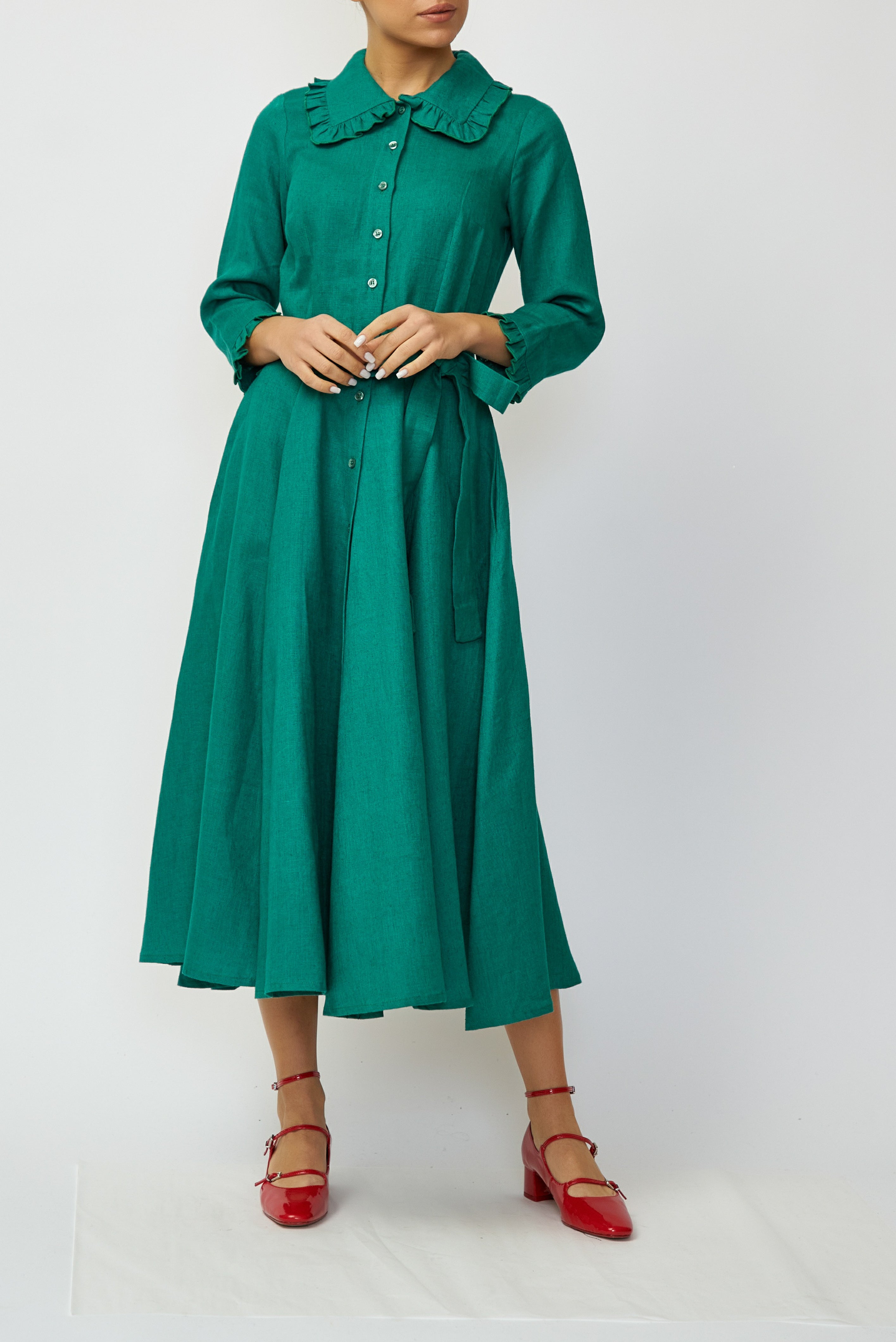 Rochie Camasa Midi din In, Verde