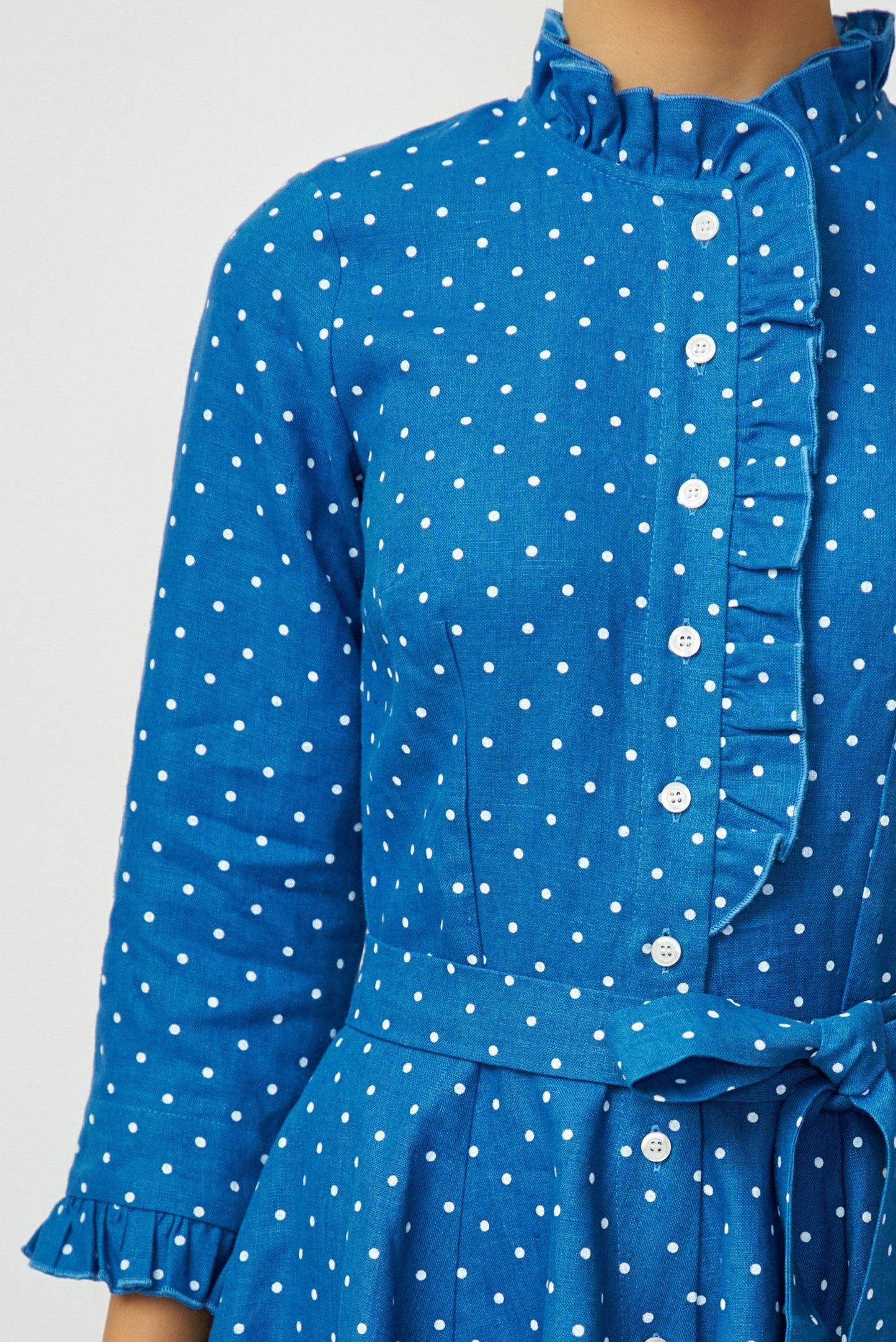 Blue linen midi shirt dress with white polka dots