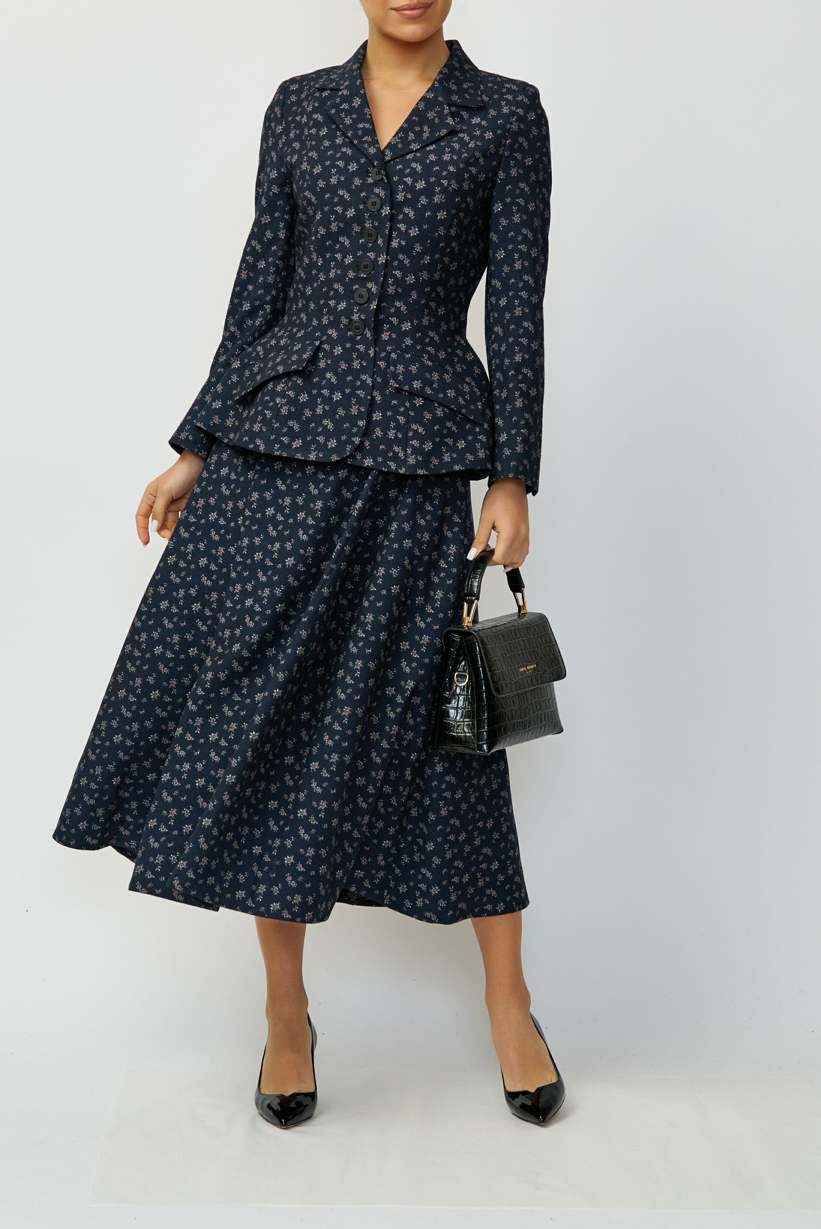 Sacou cu Peplum si Imprimeu din Lana, Bleumarin