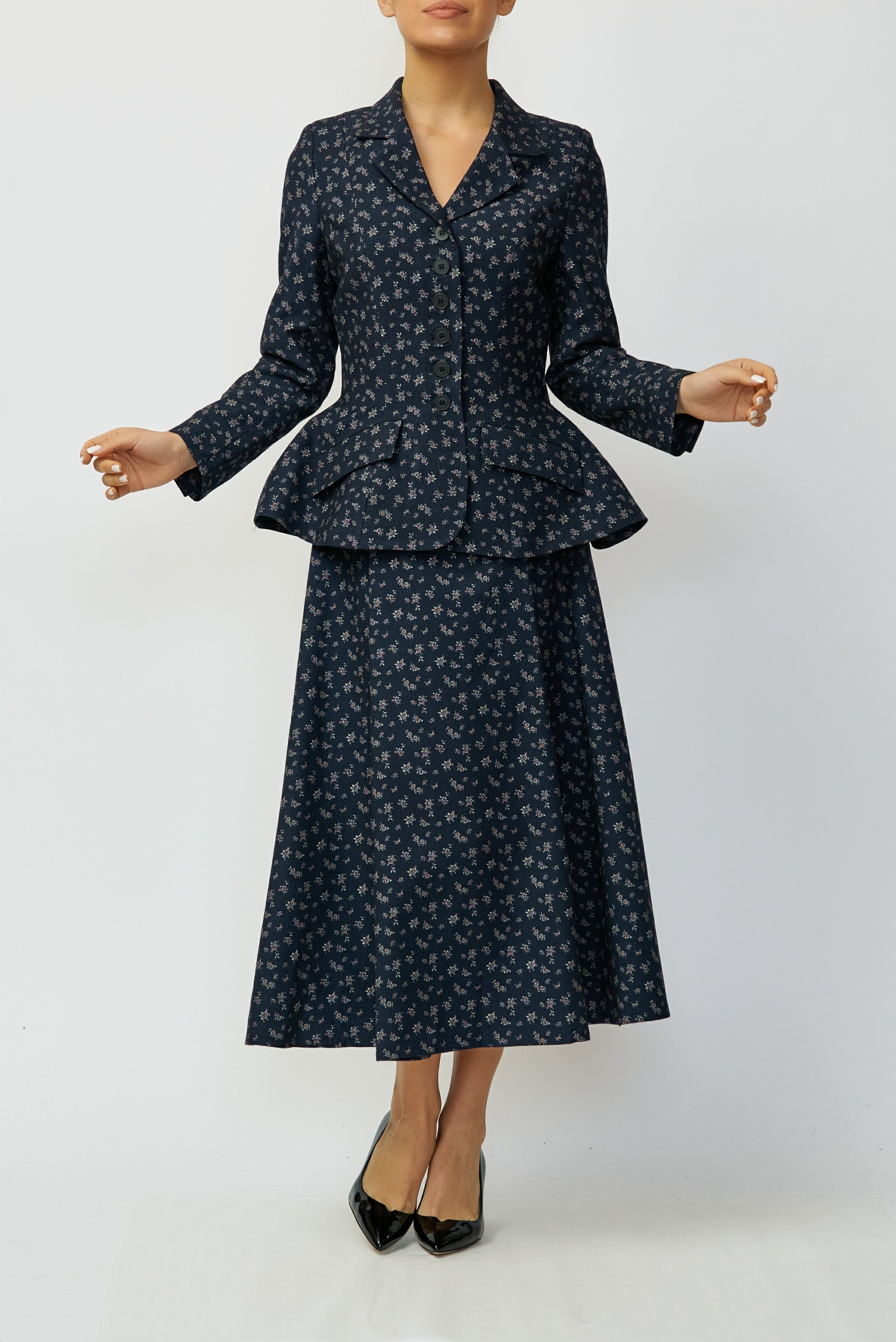 Sacou cu Peplum si Imprimeu din Lana, Bleumarin