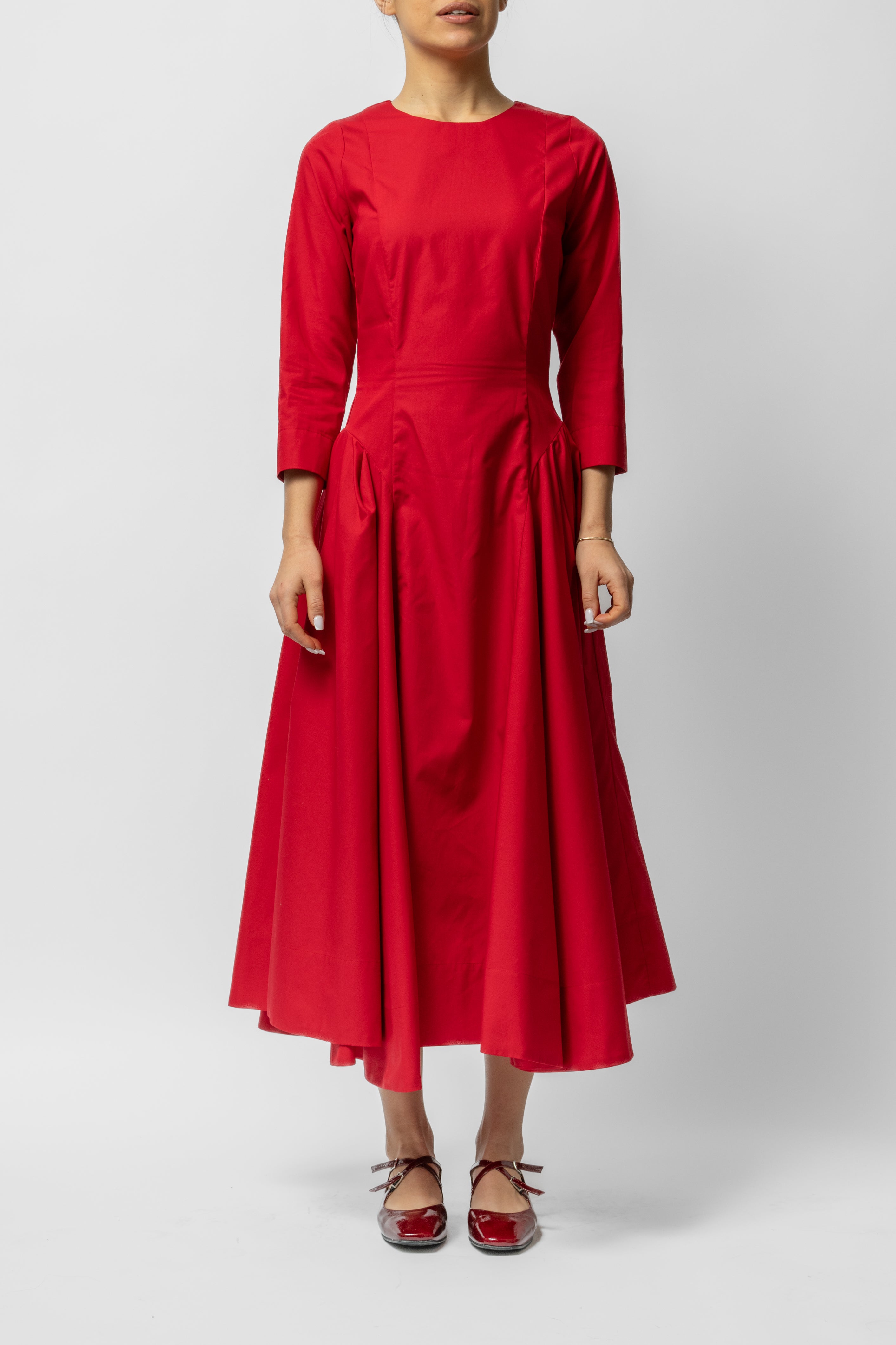 Rochie Midi Clos cu Maneca 3/4 din Bumbac, Rosie Uni