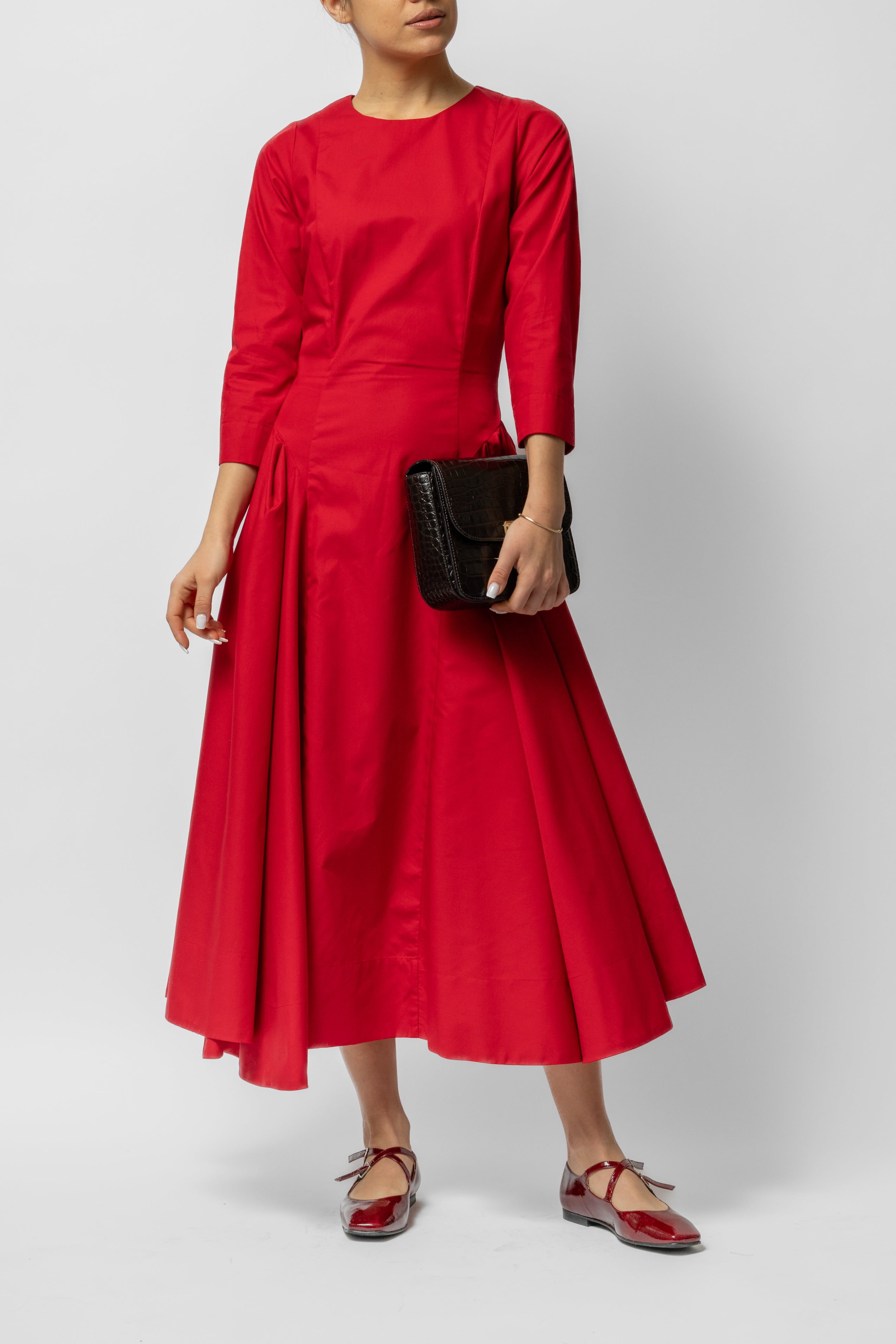 Rochie Midi Clos cu Maneca 3/4 din Bumbac, Rosie Uni