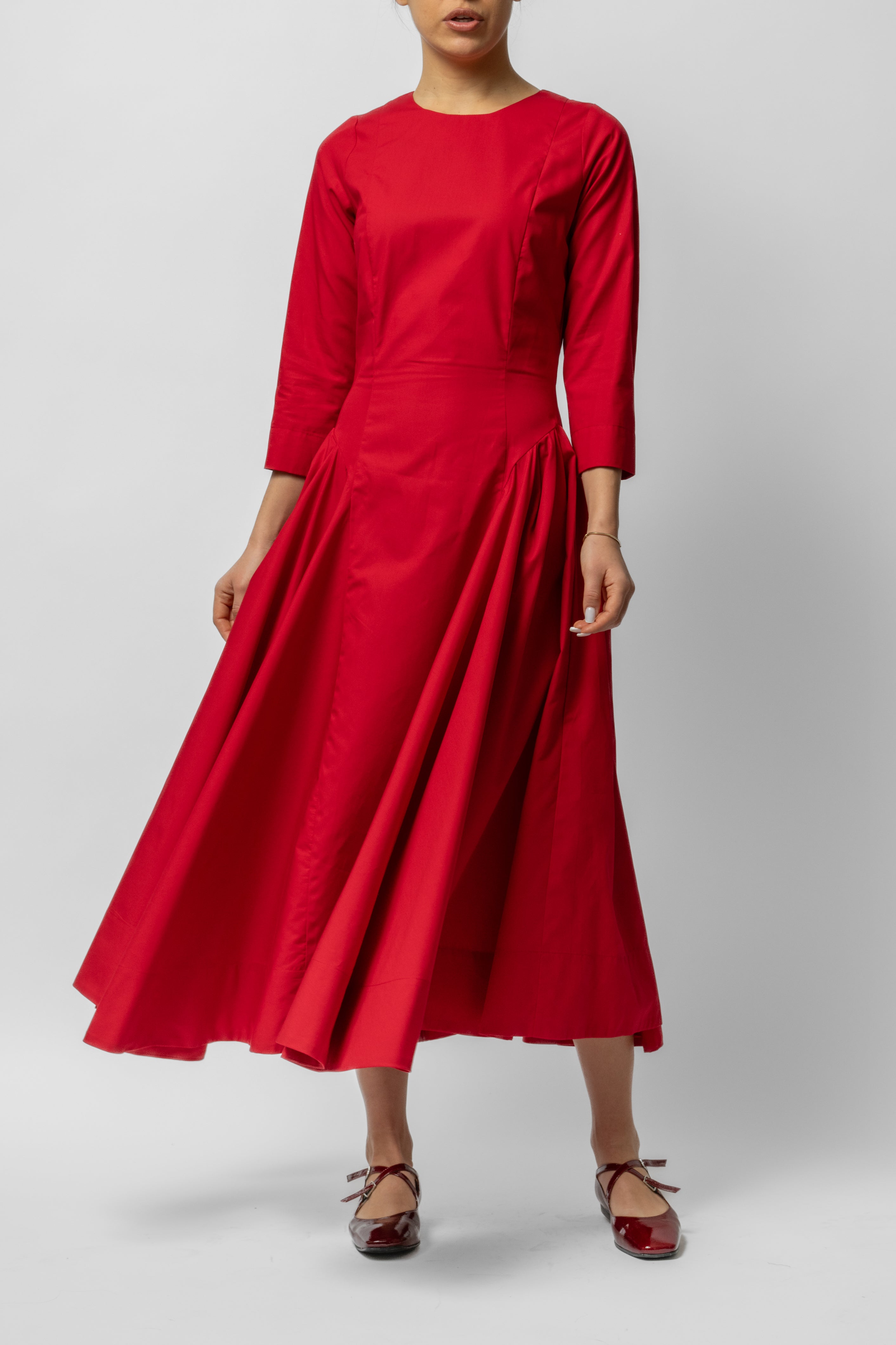 Rochie Midi Clos cu Maneca 3/4 din Bumbac, Rosie Uni