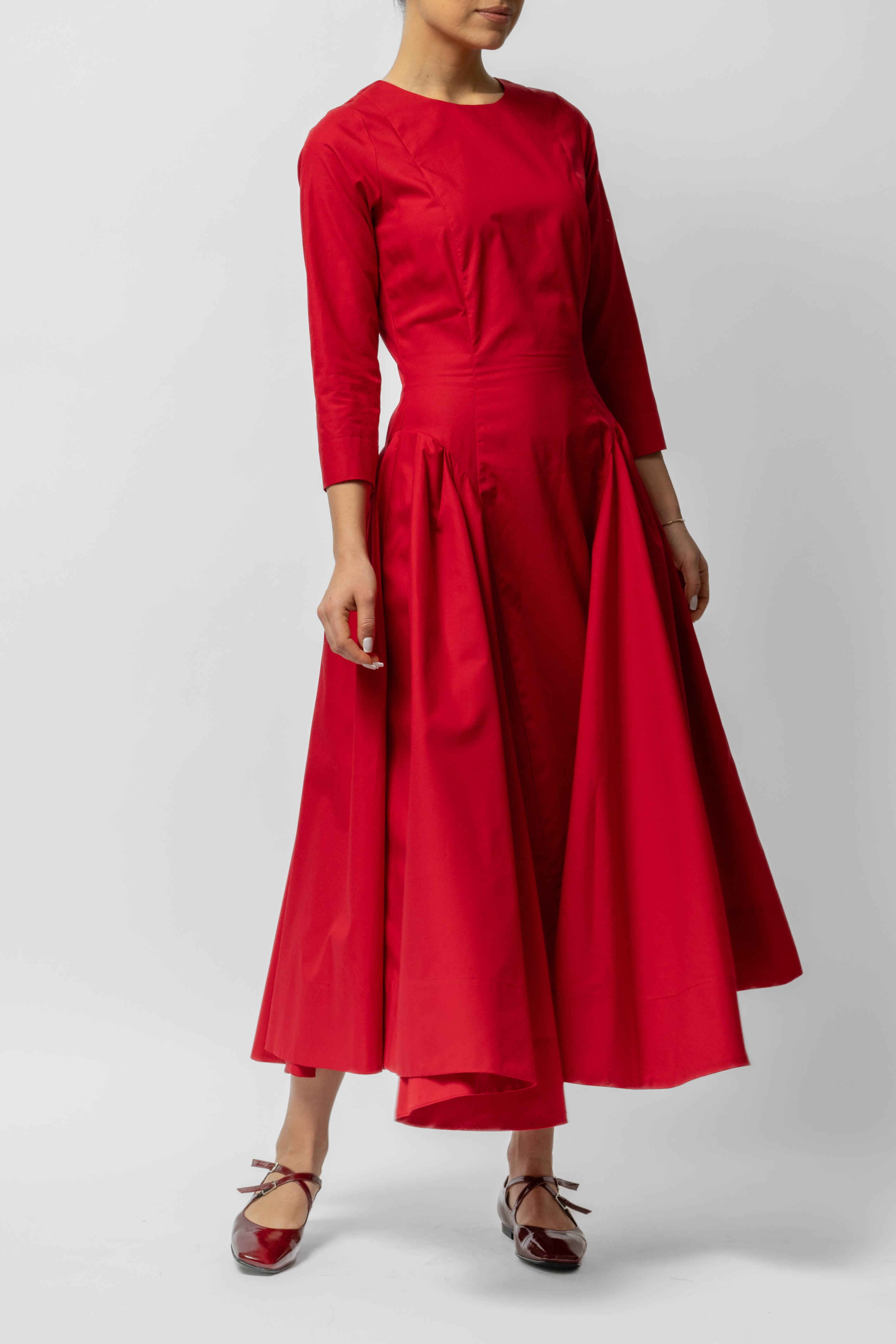 Rochie Midi Clos cu Maneca 3/4 din Bumbac, Rosie Uni