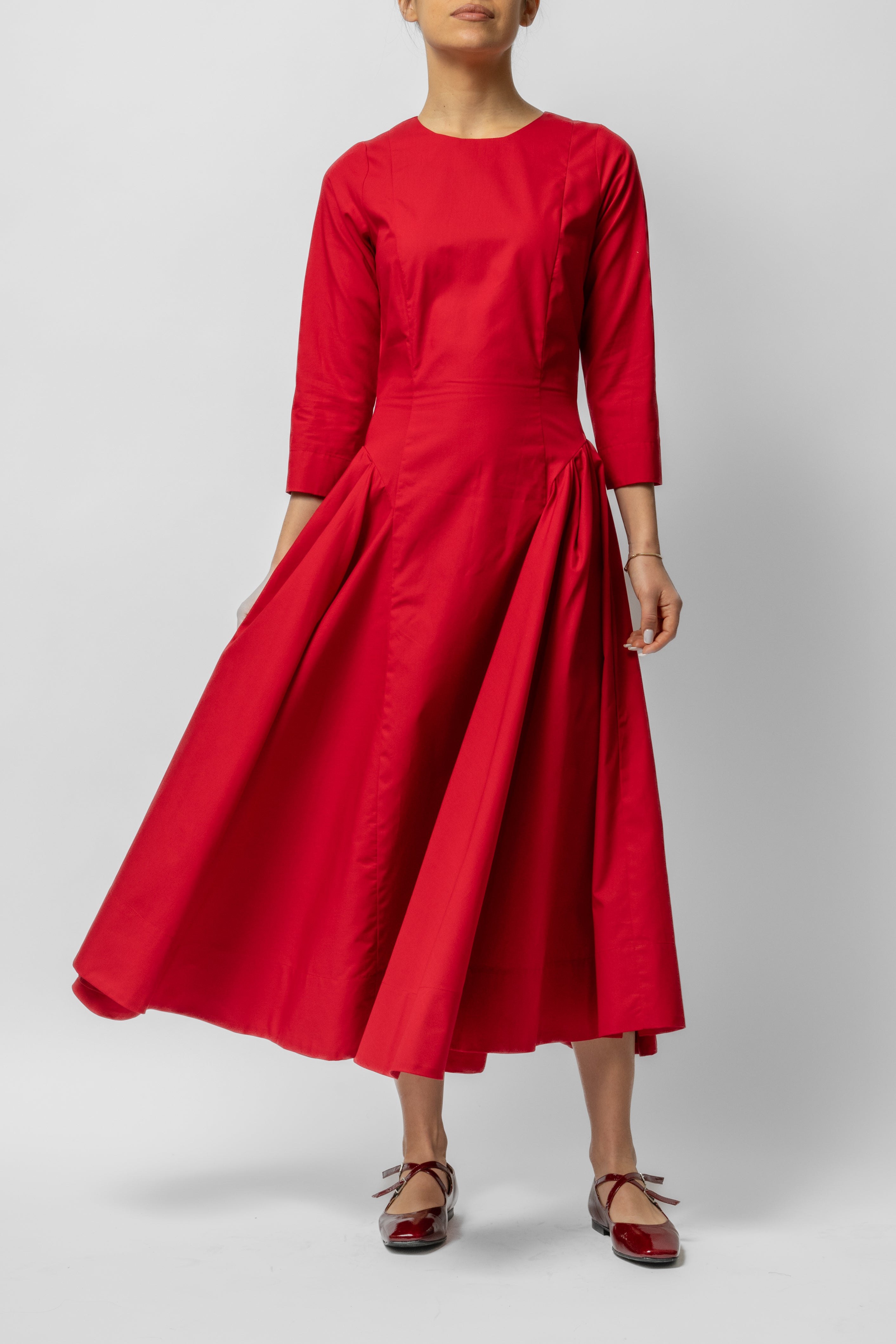 Rochie Midi Clos cu Maneca 3/4 din Bumbac, Rosie Uni