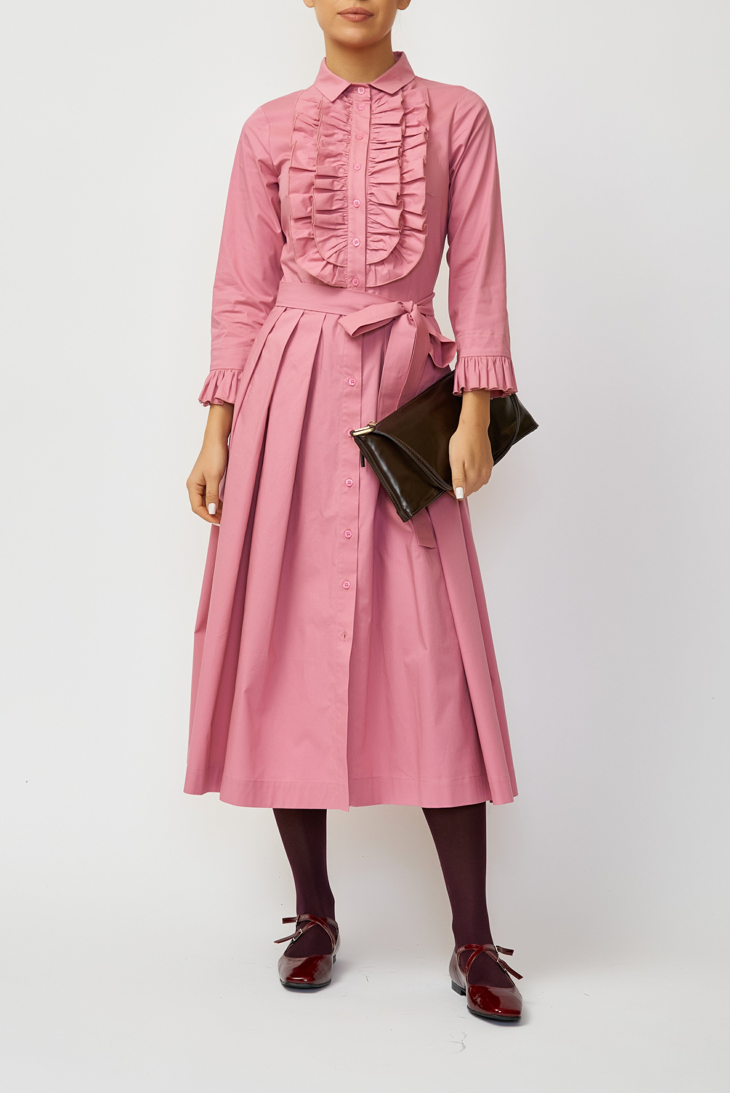 Rochie Camasa Midi din Poplin, Roz Pudrat