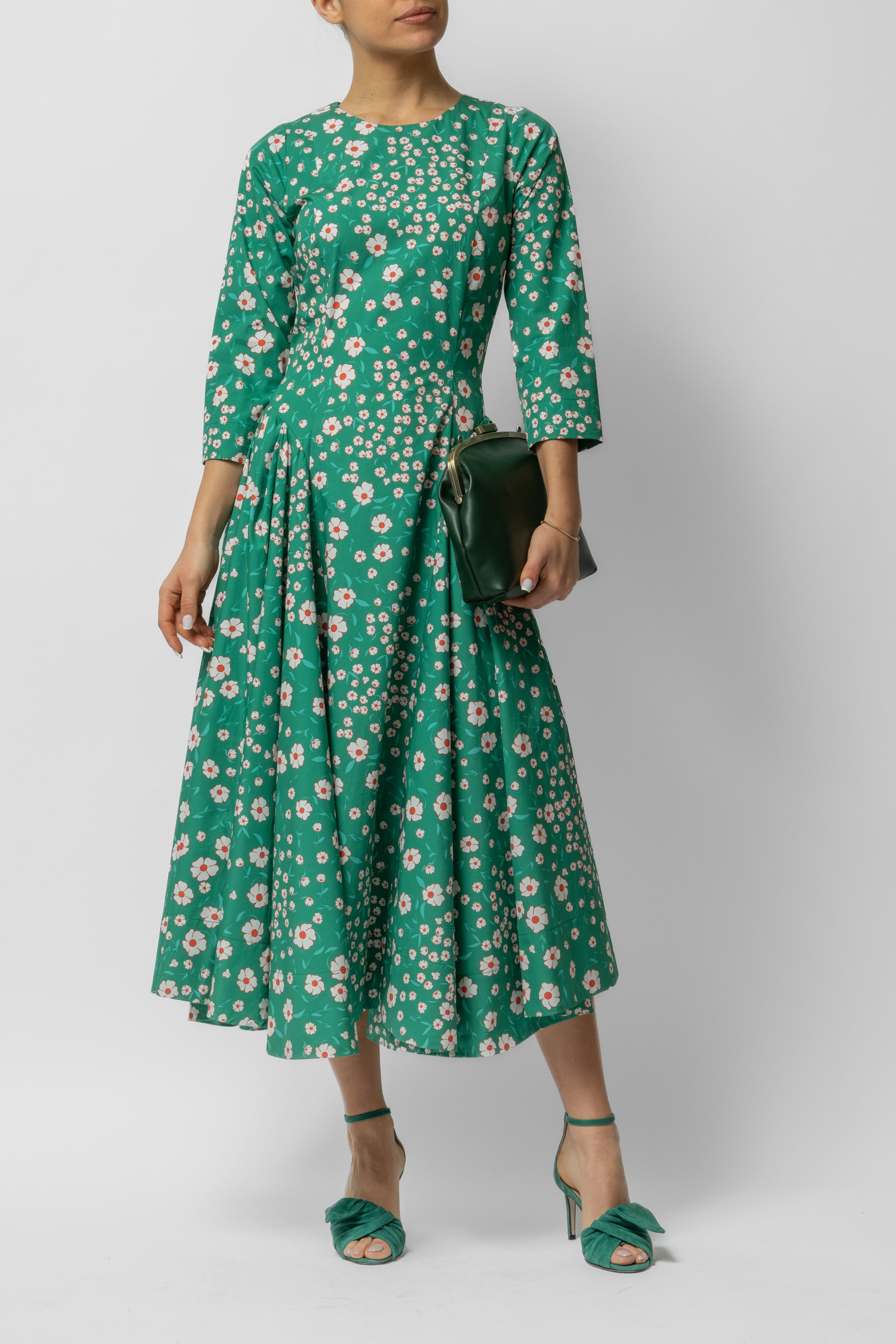 Rochie Midi Clos cu Maneca 3/4 si Imprimeu din Bumbac, Verde