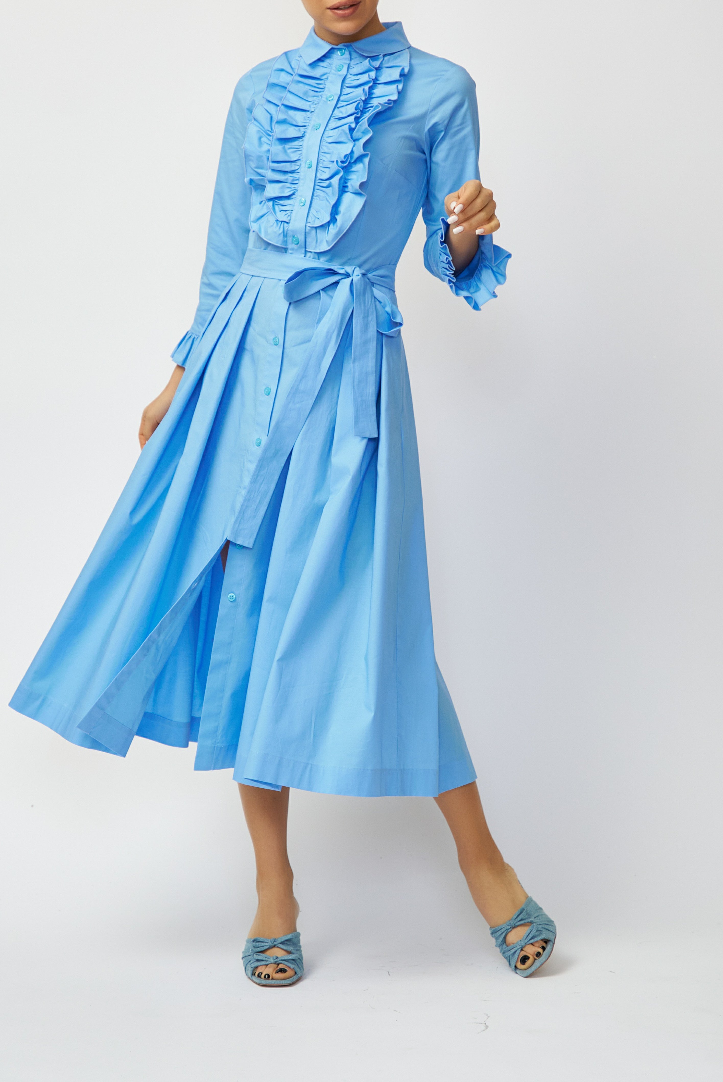 Rochie Camasa Midi din Poplin, Albastru Deschis