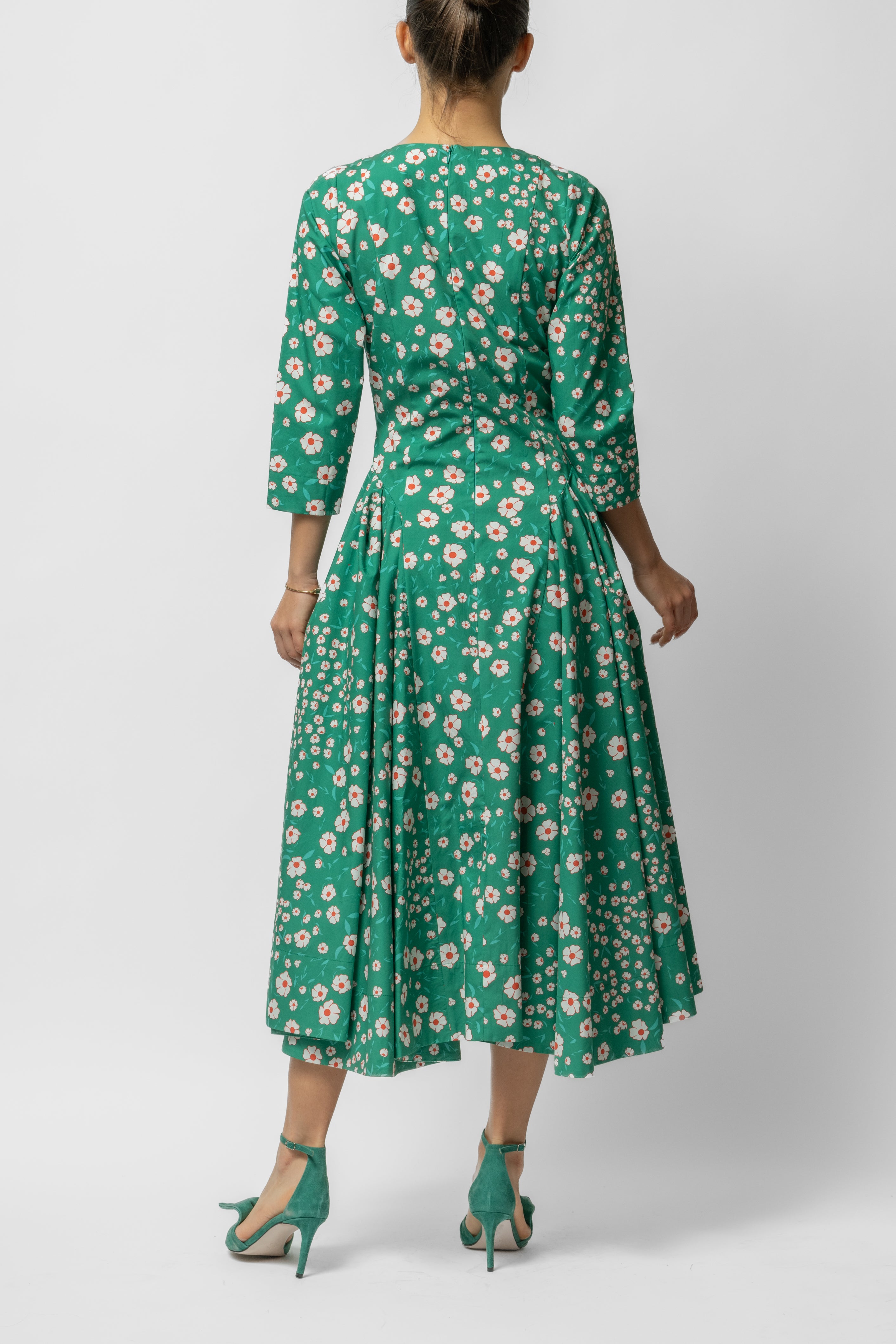 Rochie Midi Clos cu Maneca 3/4 si Imprimeu din Bumbac, Verde