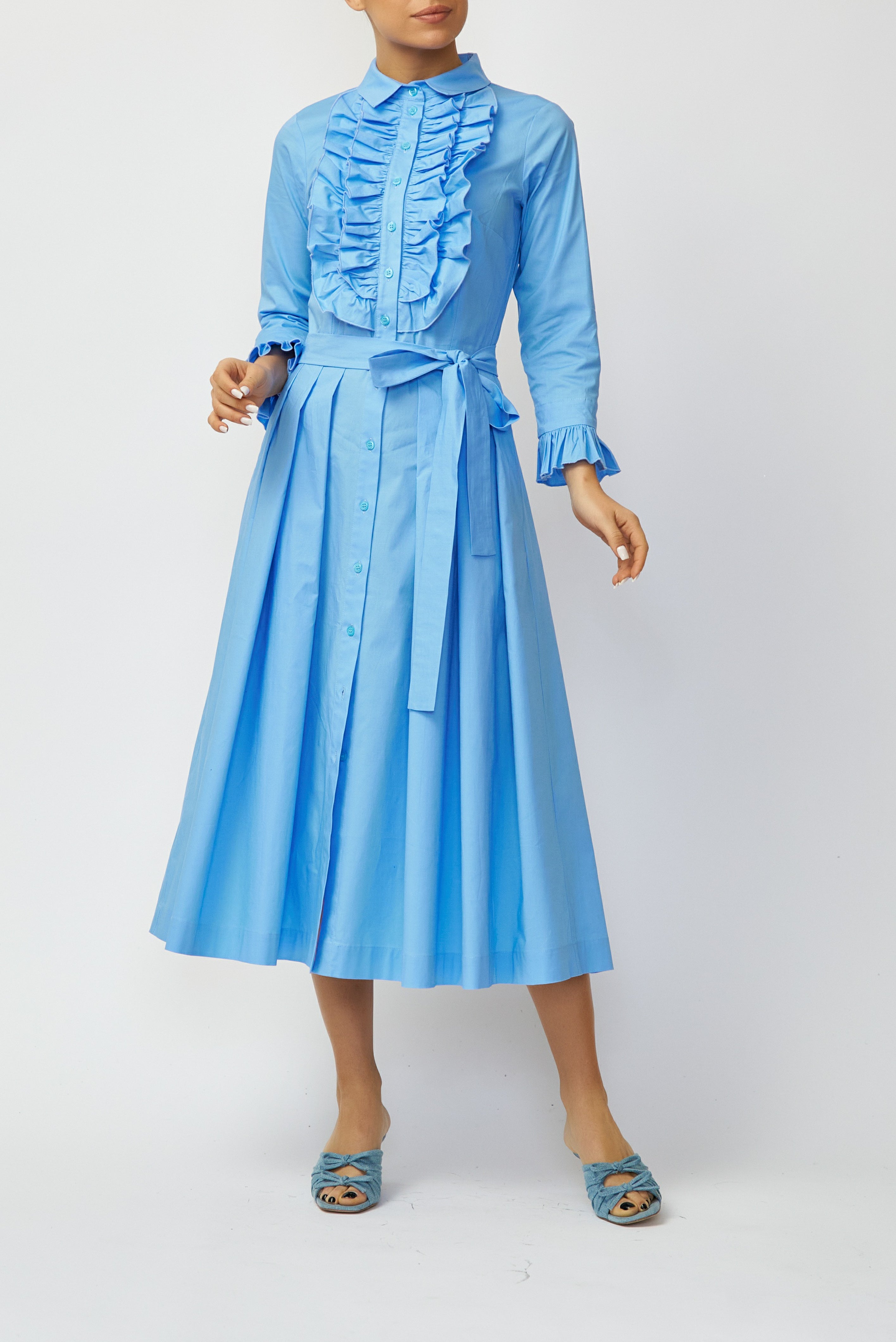 Rochie Camasa Midi din Poplin, Albastru Deschis