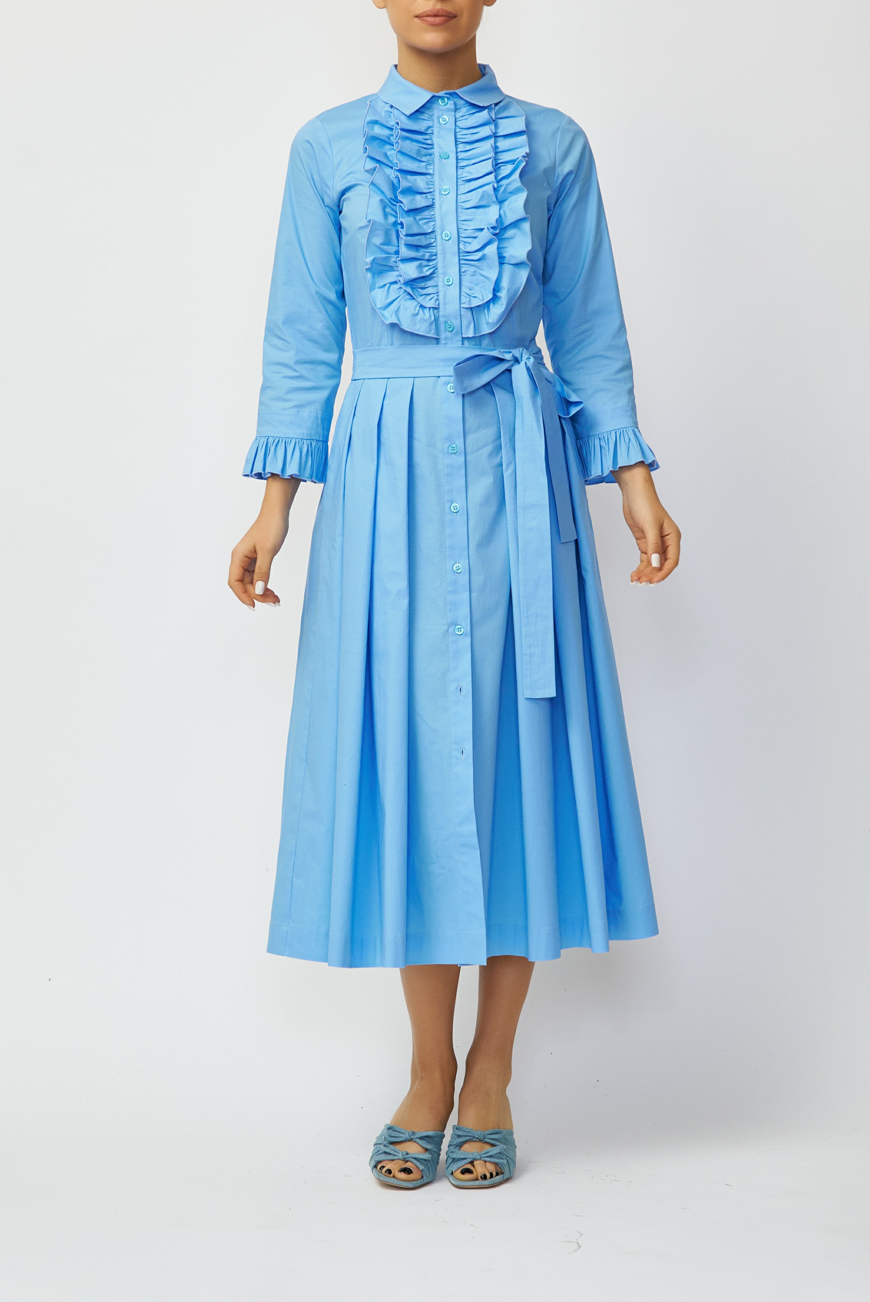 Rochie Camasa Midi din Poplin, Albastru Deschis