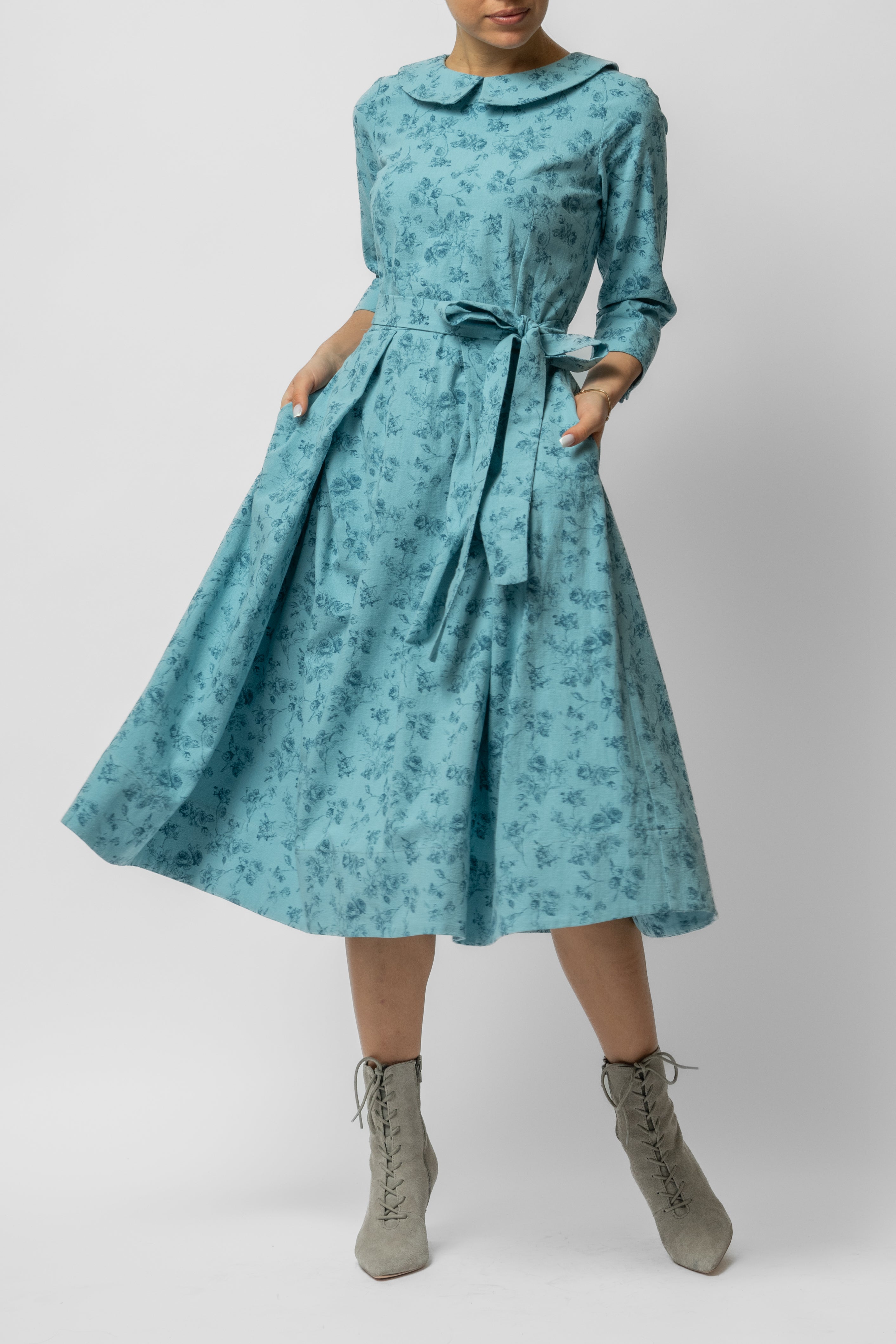 Rochie Midi cu Maneca 3/4 si Imprimeu din Bumbac, Bleu Deschis