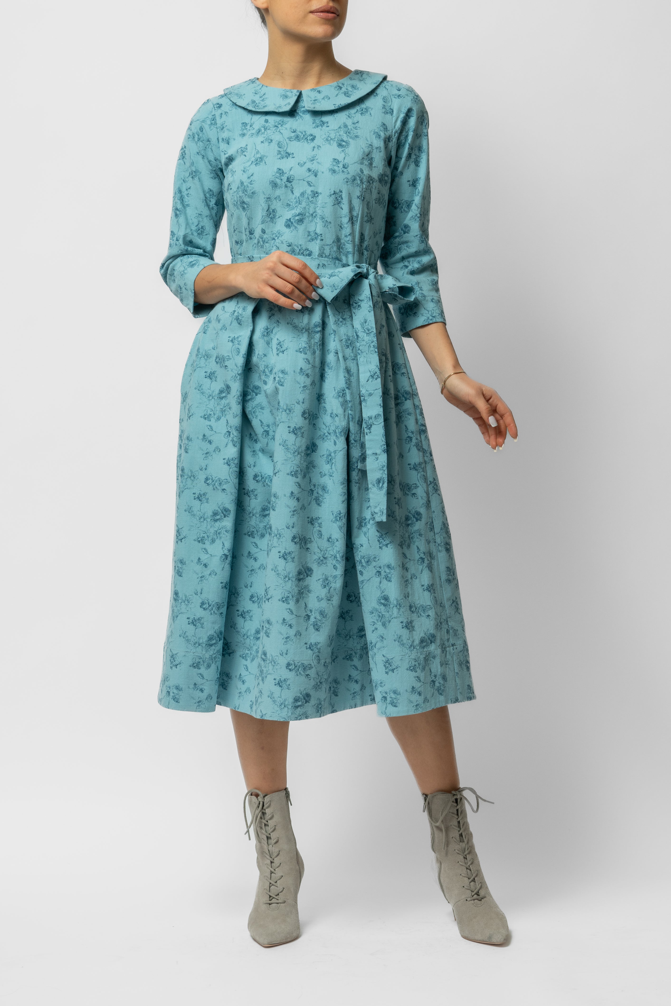 Rochie Midi cu Maneca 3/4 si Imprimeu din Bumbac, Bleu Deschis