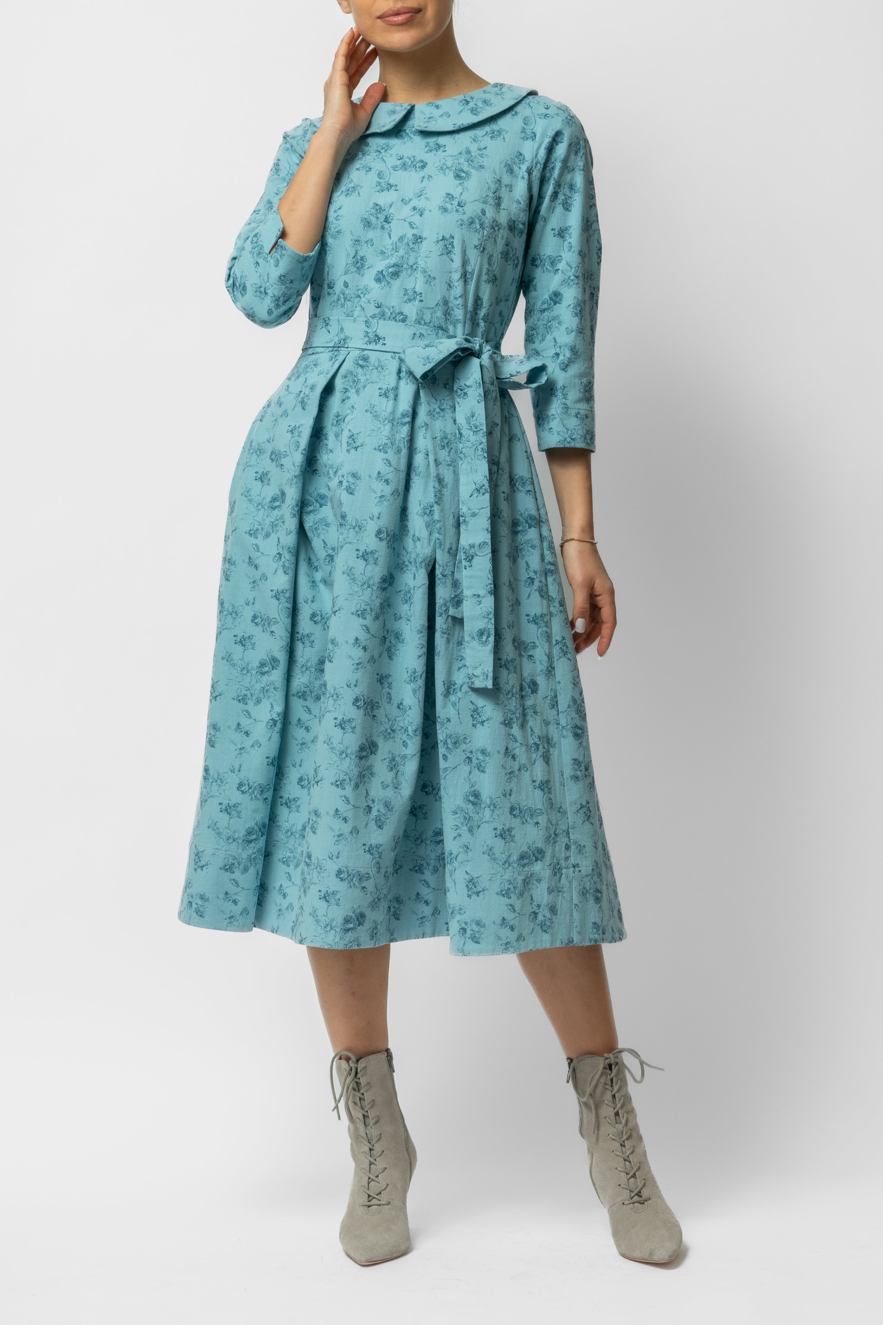 Rochie Midi cu Maneca 3/4 si Imprimeu din Bumbac, Bleu Deschis