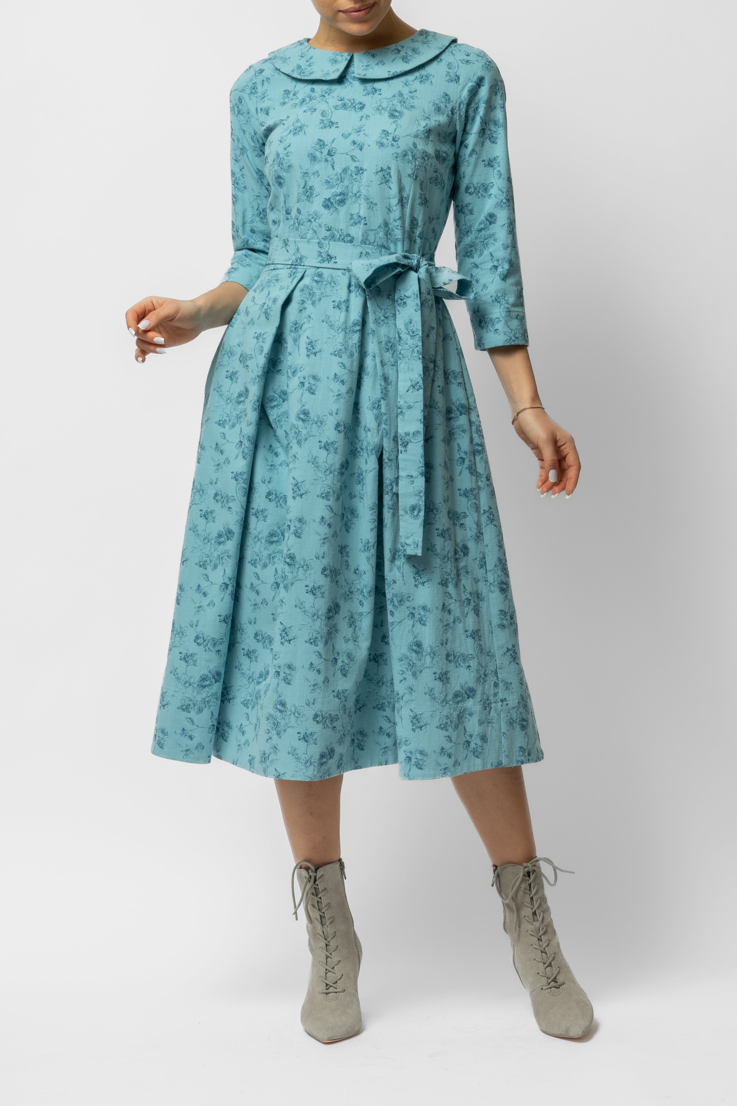 Rochie Midi cu Maneca 3/4 si Imprimeu din Bumbac, Bleu Deschis