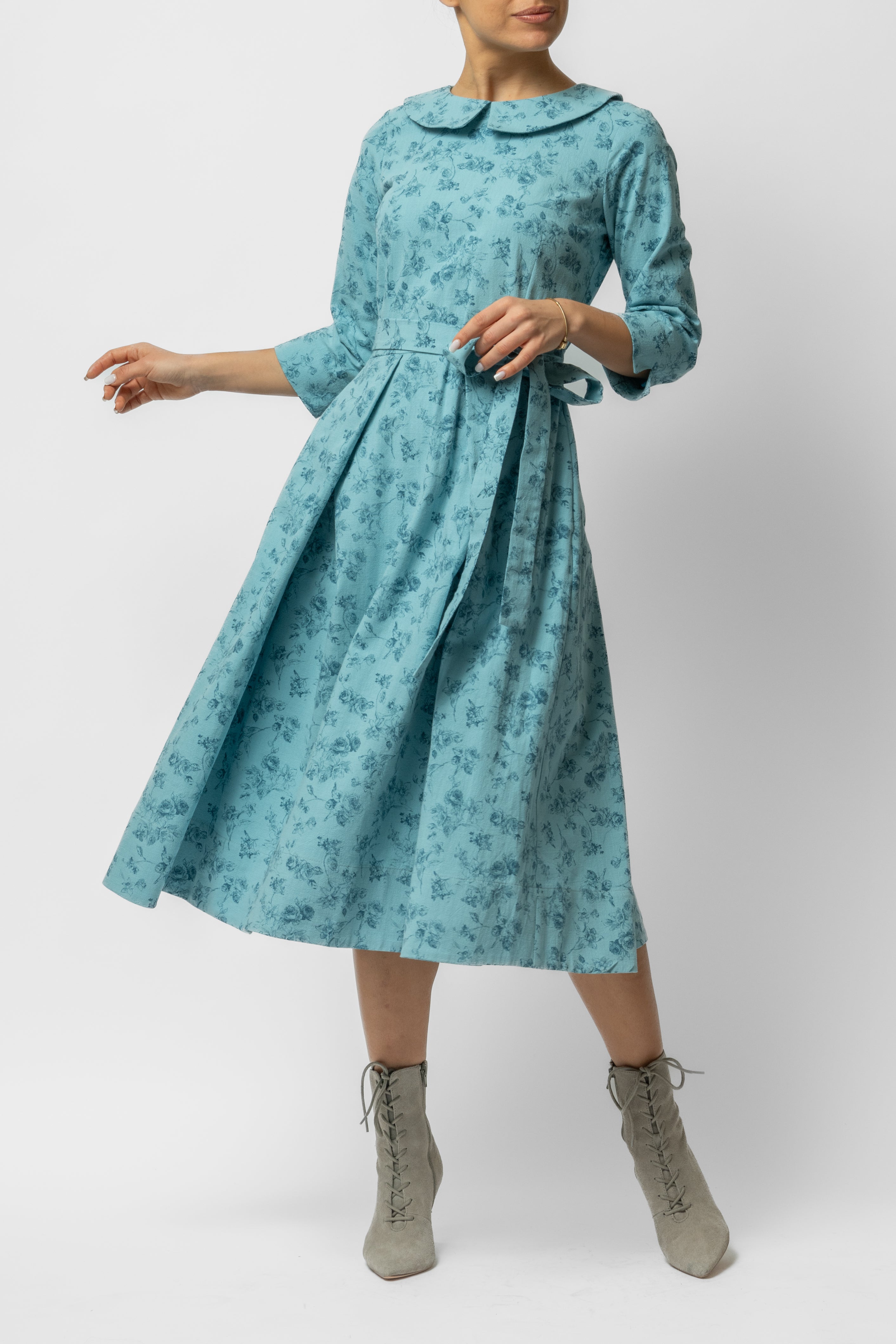 Rochie Midi cu Maneca 3/4 si Imprimeu din Bumbac, Bleu Deschis