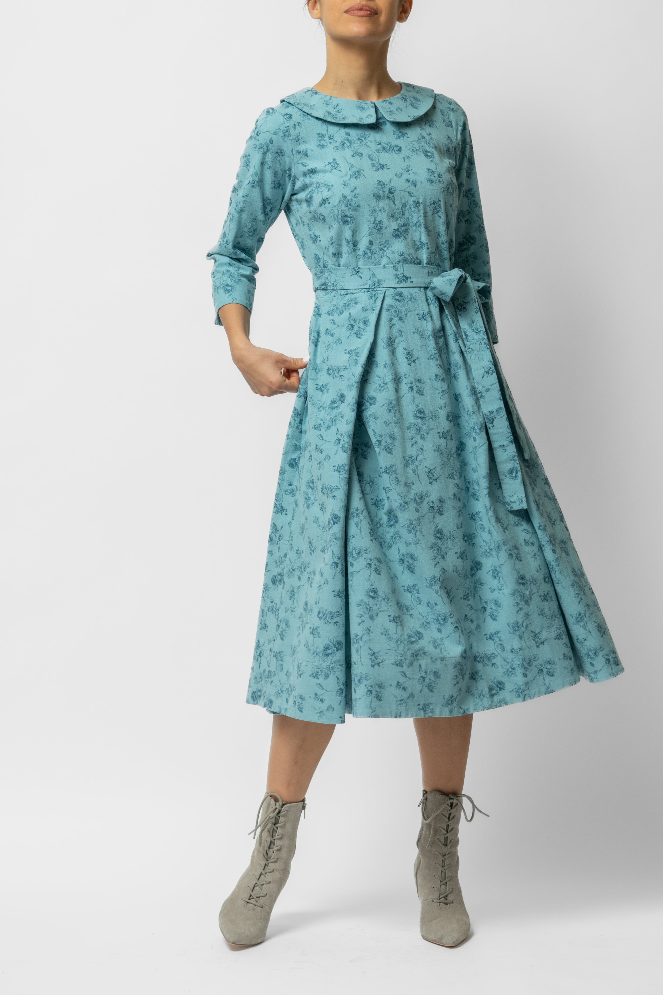 Rochie Midi cu Maneca 3/4 si Imprimeu din Bumbac, Bleu Deschis